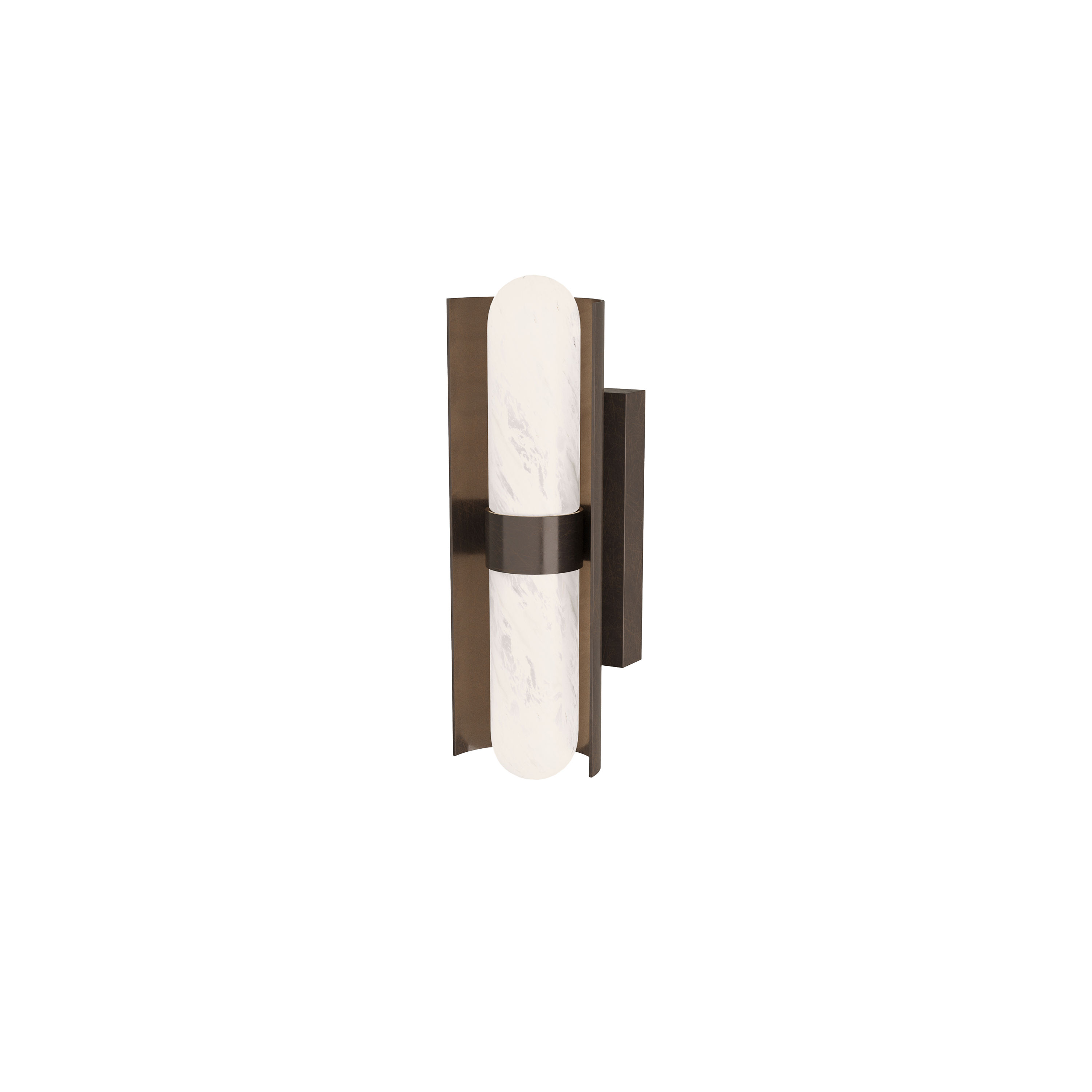 The Bretman Wall Sconce offers a brilliantly simple yet elegant lighting solution with its tubular glass in a matte swirled finish, complemented by a steel backplate in English Bro