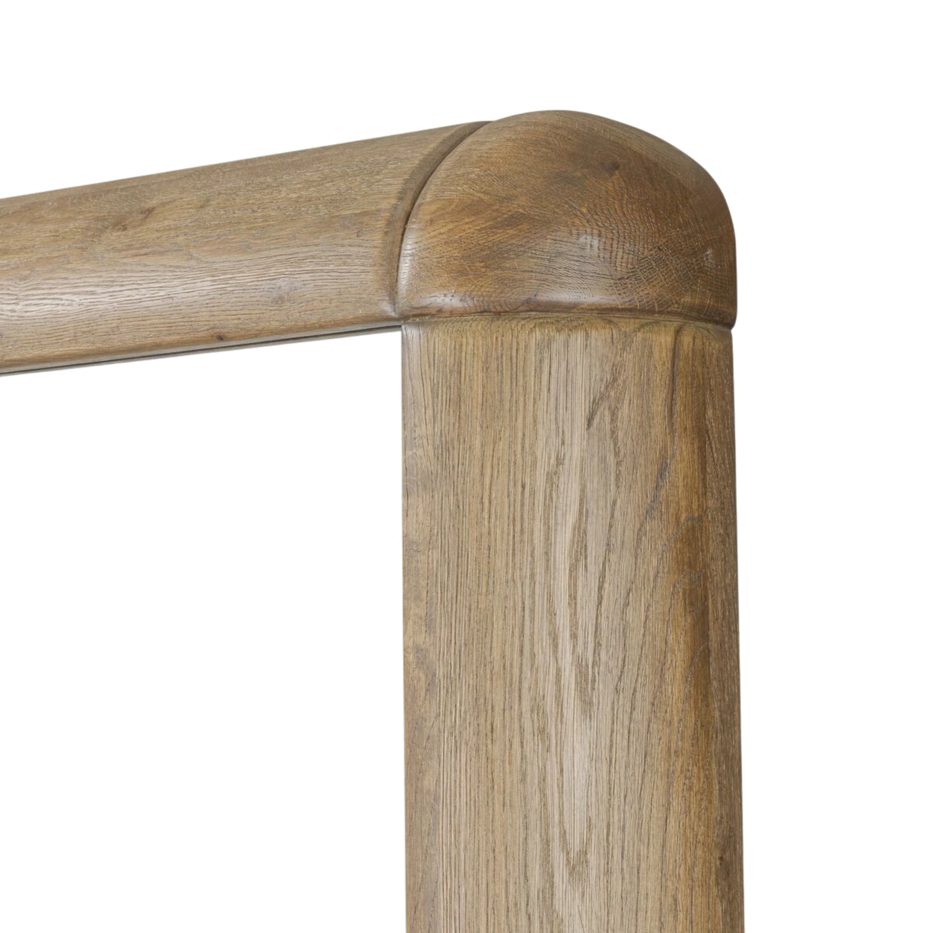Ponte Floor Mirror. Close-up of a wooden furniture corner with a rounded top and visible wood grain on a plain white background.