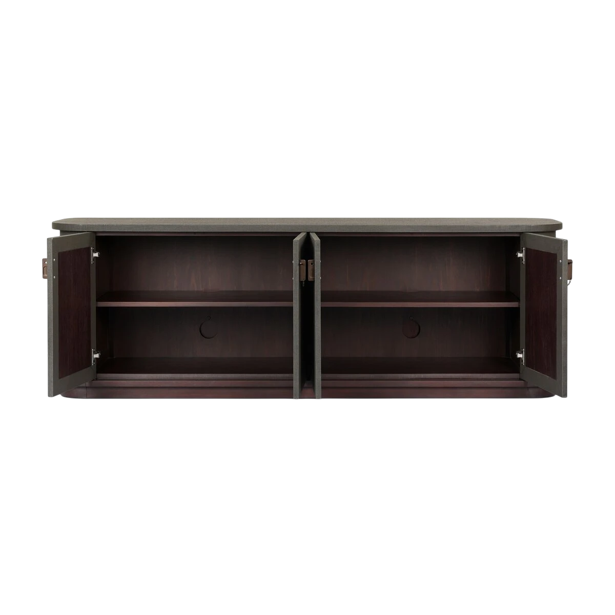 Fletcher Sideboard with all four doors open, revealing adjustable interior shelving and a rich mahogany-toned wood interior.