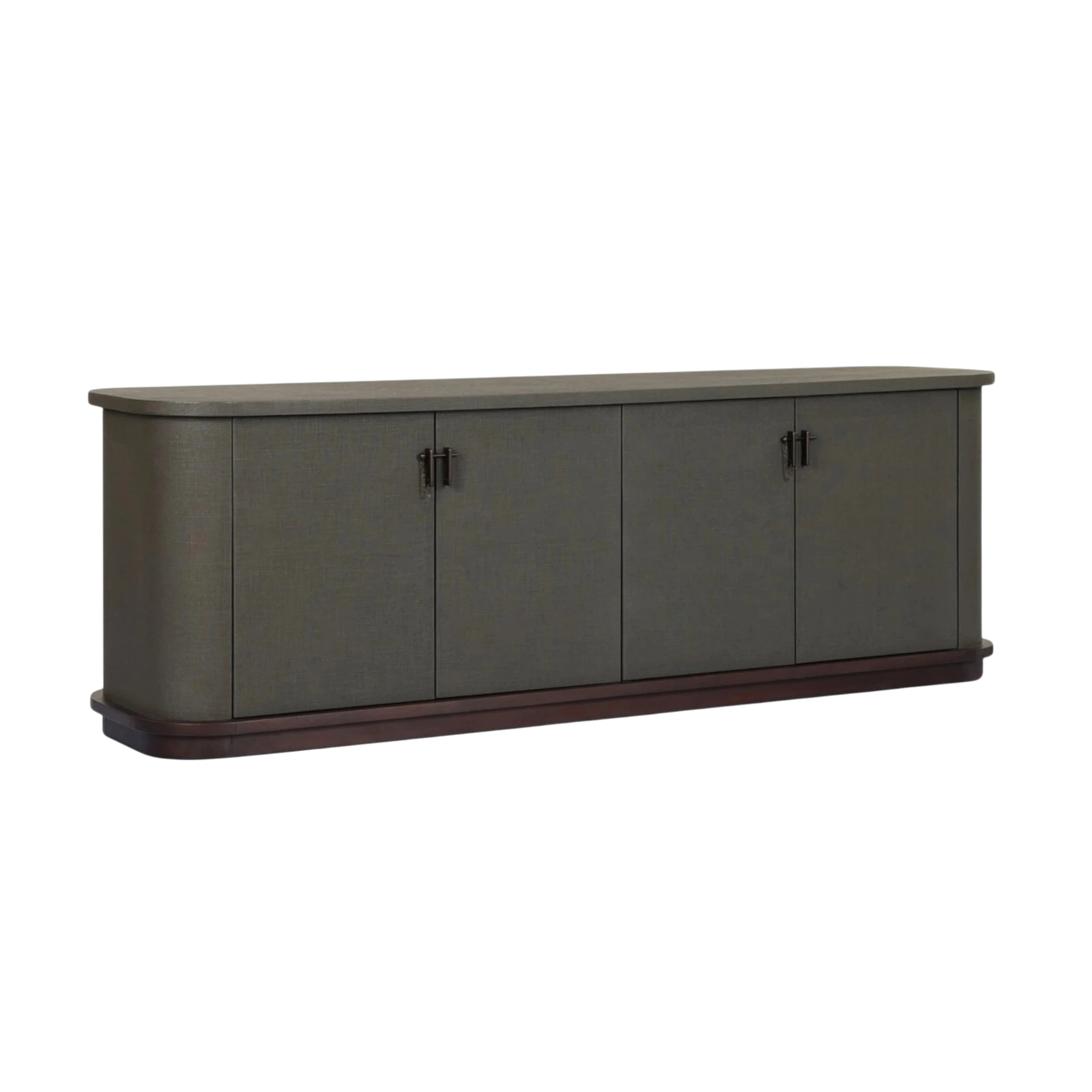 Angled view of the Fletcher Sideboard showing its long moss green lacquered linen body, rounded ends, bronze hardware and dark wood base.