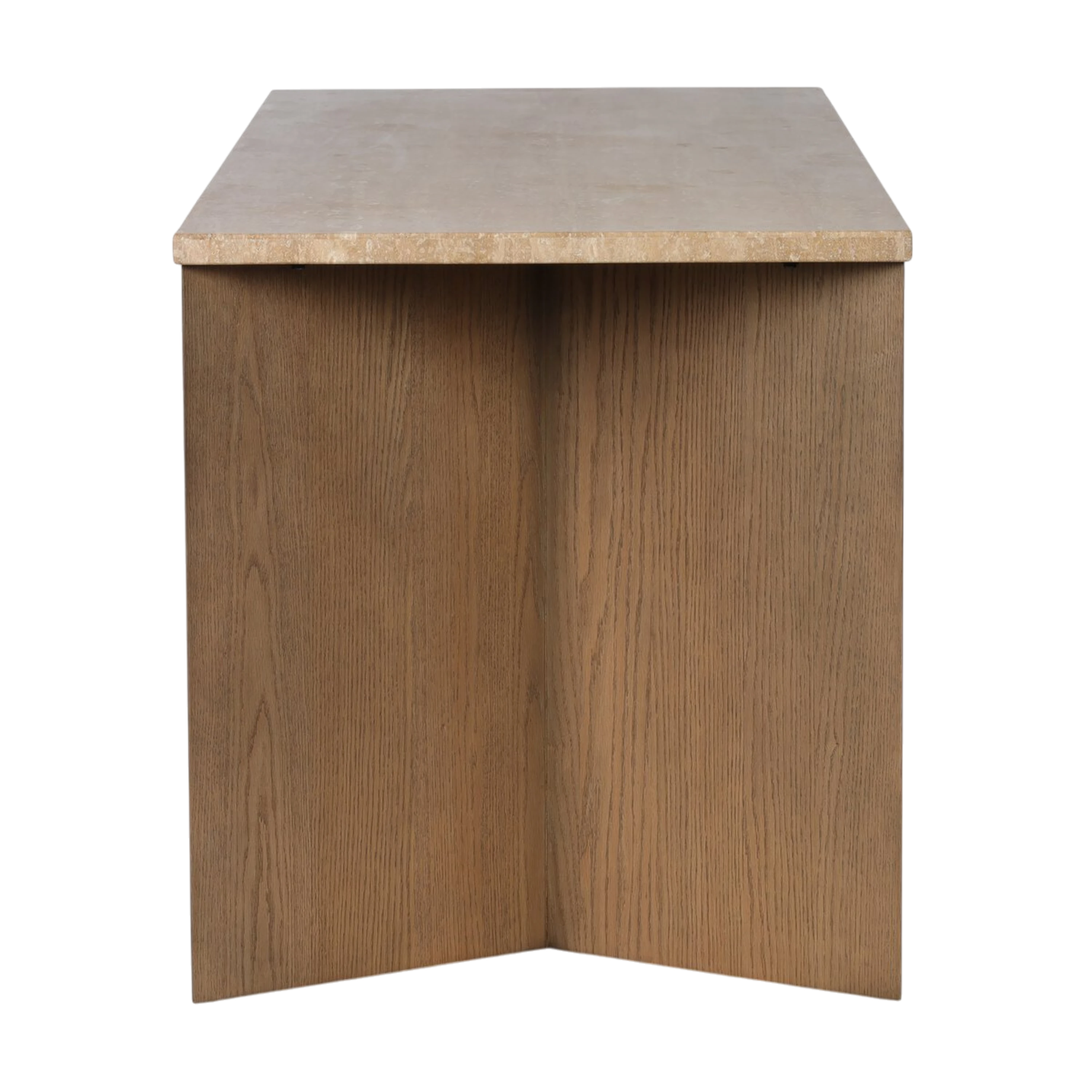 Side view of the Cobble Desk showing the substantial oak panel leg, natural wood grain and slim travertine top.