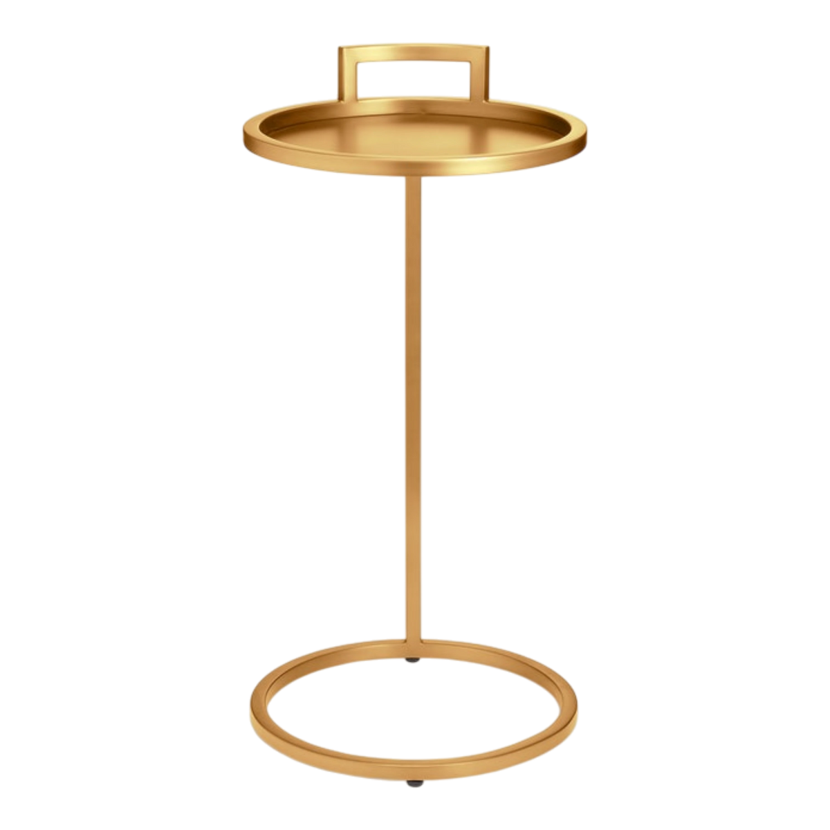 Front view of the Taryn Side Table in brushed gold, featuring a raised round tray top, integrated handle, slender metal frame and open ring base.
