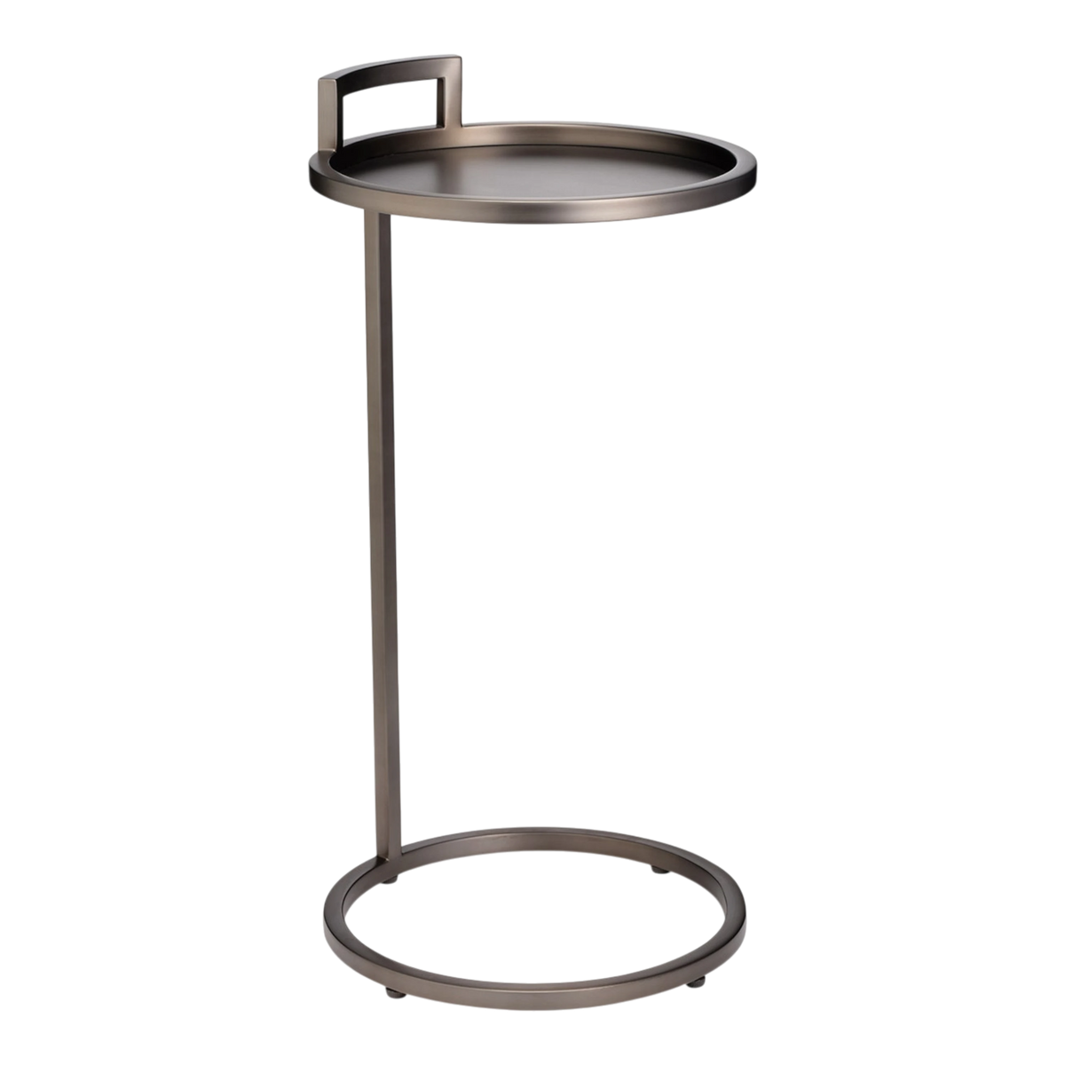 Taryn Side Table in brushed zinc stainless steel with a round tray top, integrated rectangular handle, slim cantilevered support and open circular base.
