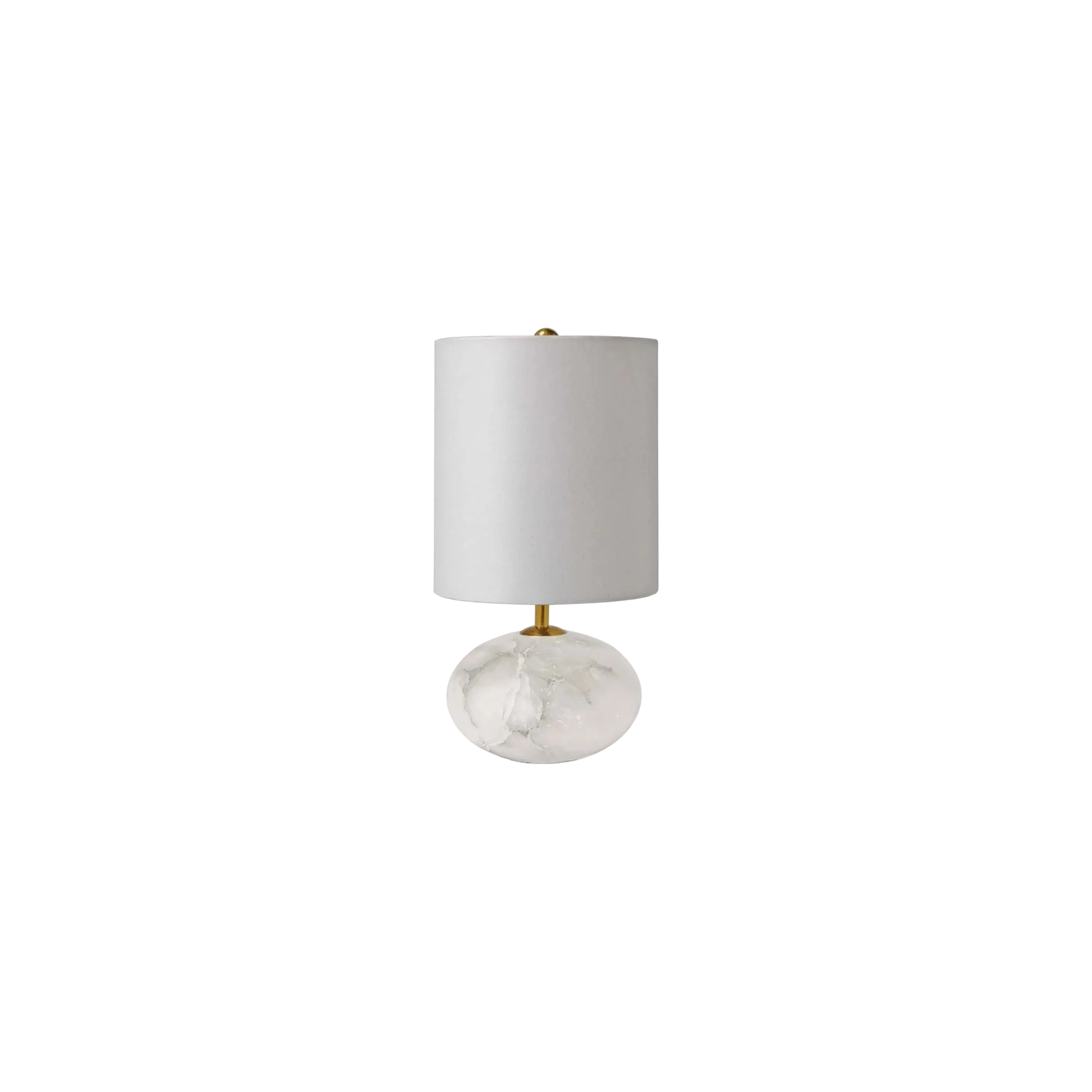 Alabaster Mini Orb Table Lamp featuring a white cylindrical fabric drum shade, a polished gold-finished metal stem, and a round white marble base with subtle gray veining.