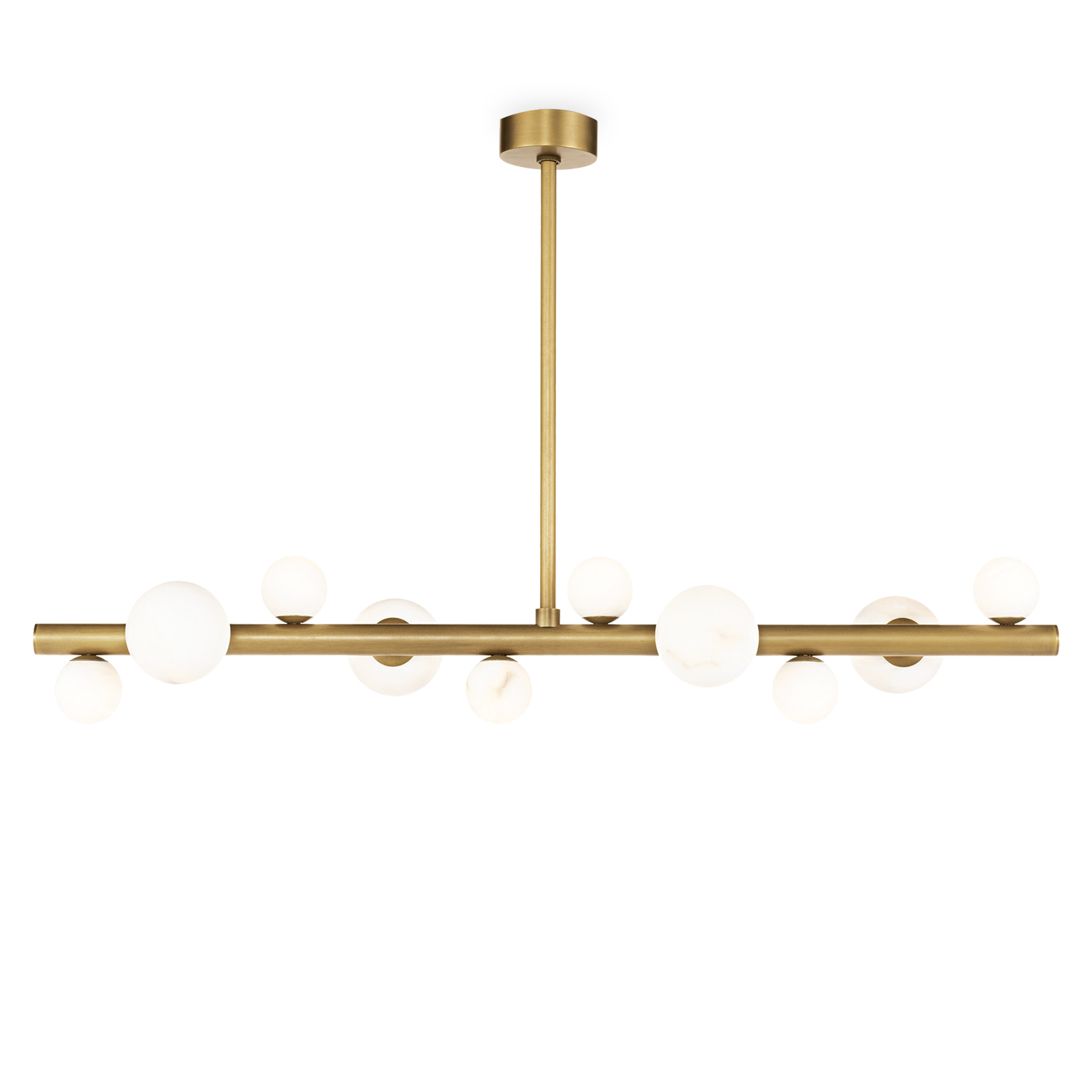 Natural alabaster stone orbs dance around a metal base, adding a spectacular sculptural element to your home.