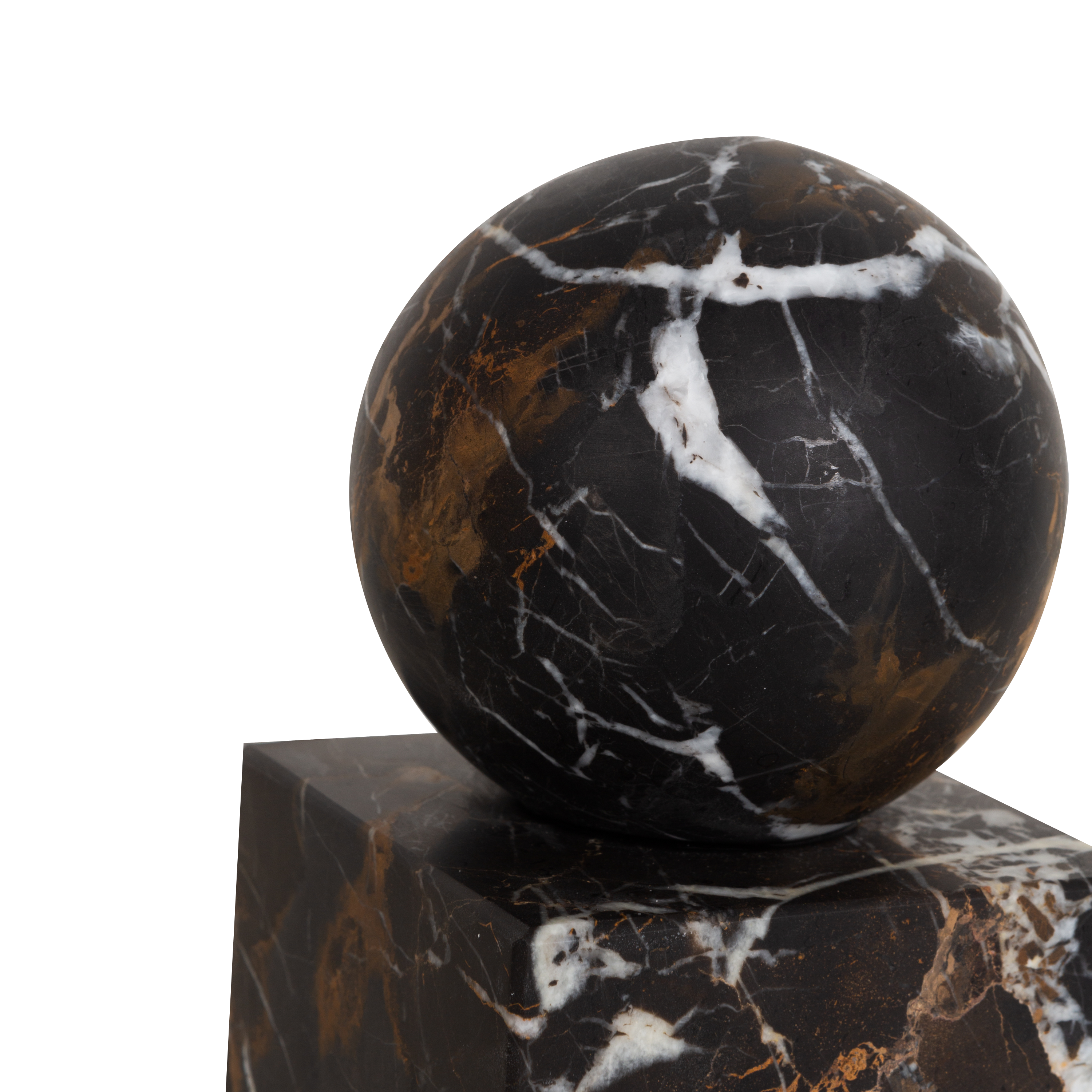 The Honed Marble Bookends feature a geometrical silhouette with a sphere sitting on a cube.