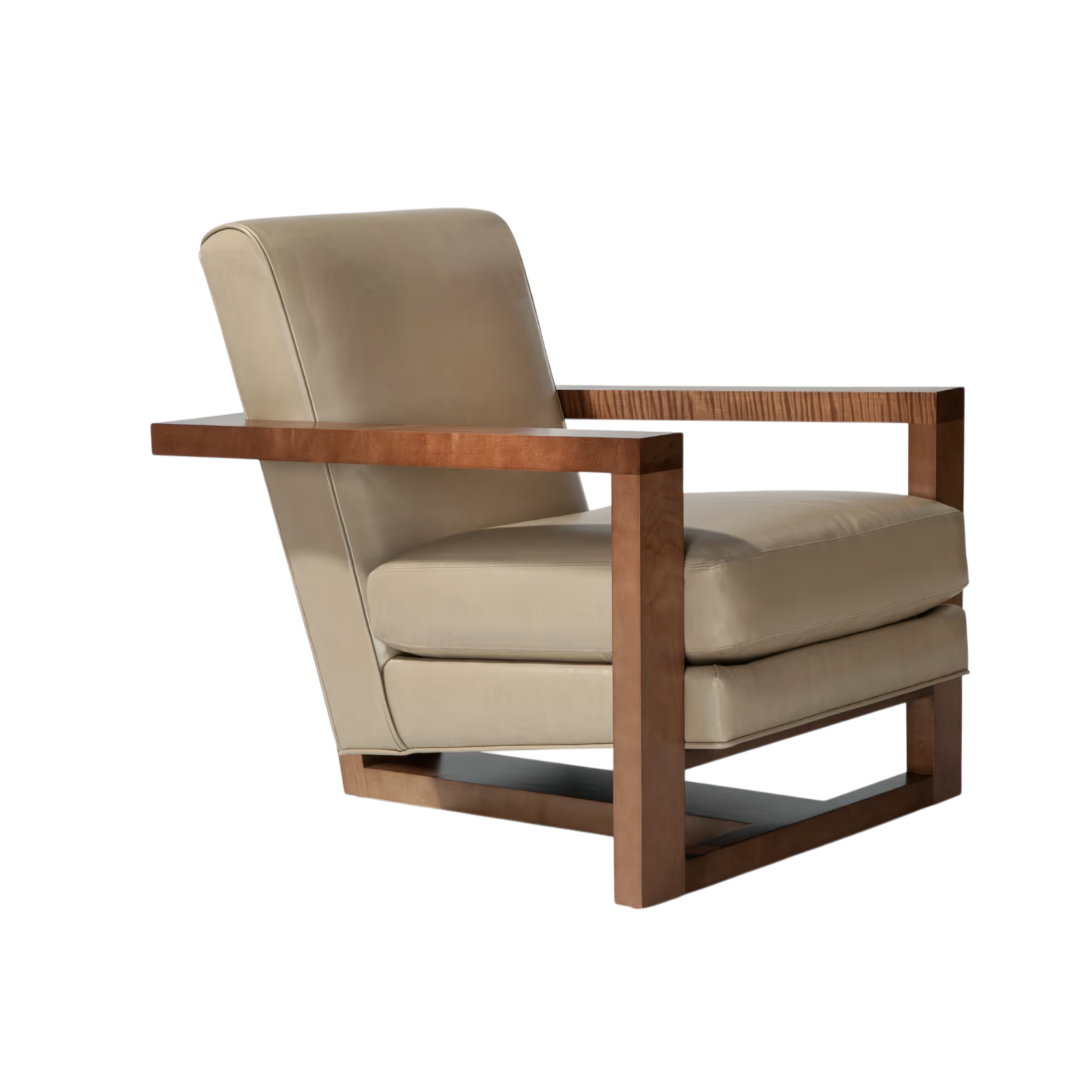Roger Lounge Chair shown at an angle, featuring cream upholstery, a warm wood frame, open rectangular arms and a gently reclined back.