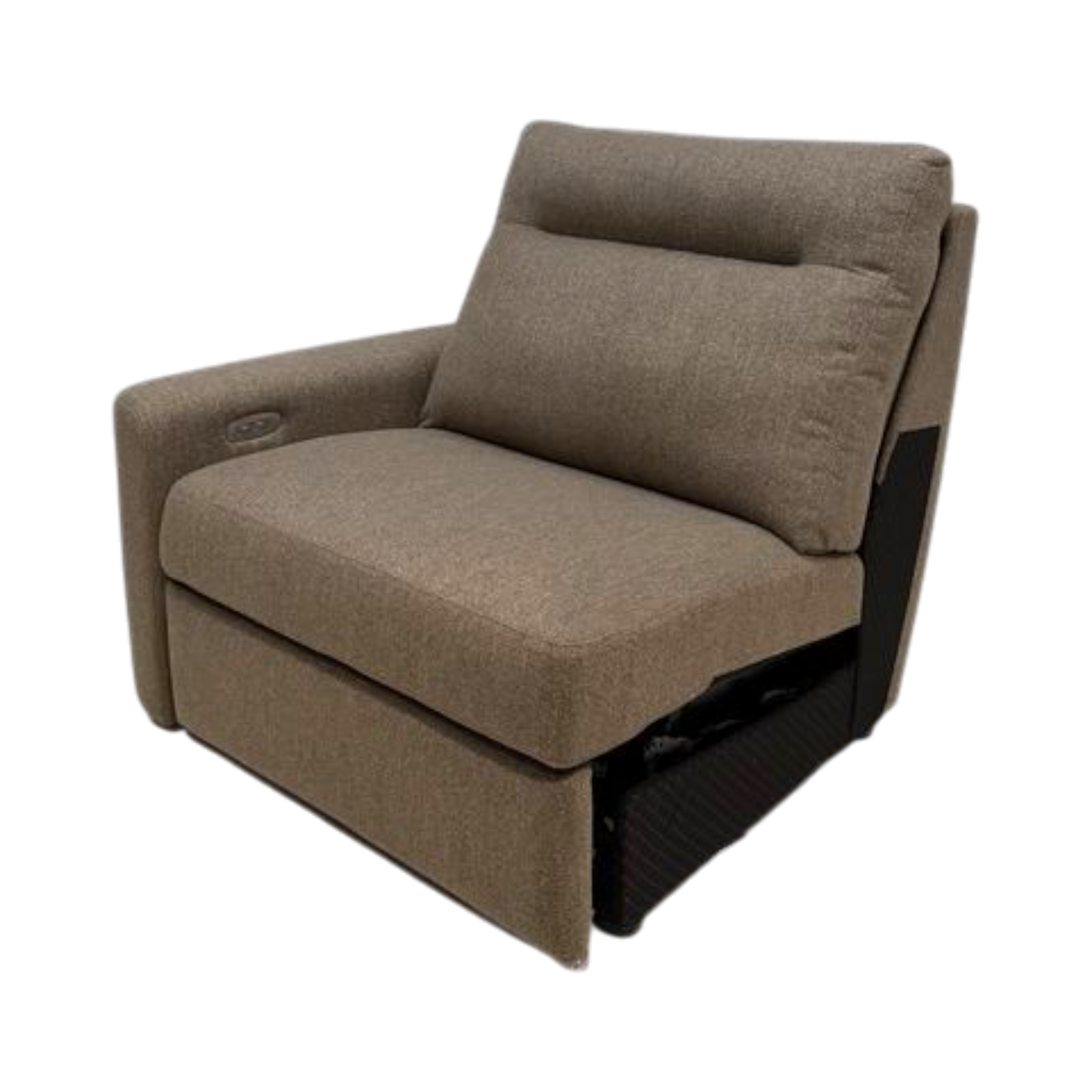 A single upholstered recliner chair in a taupe-brown fabric, shown with the seat pulled out partially to reveal a black reclining base. The chair is photographed on a plain white background.