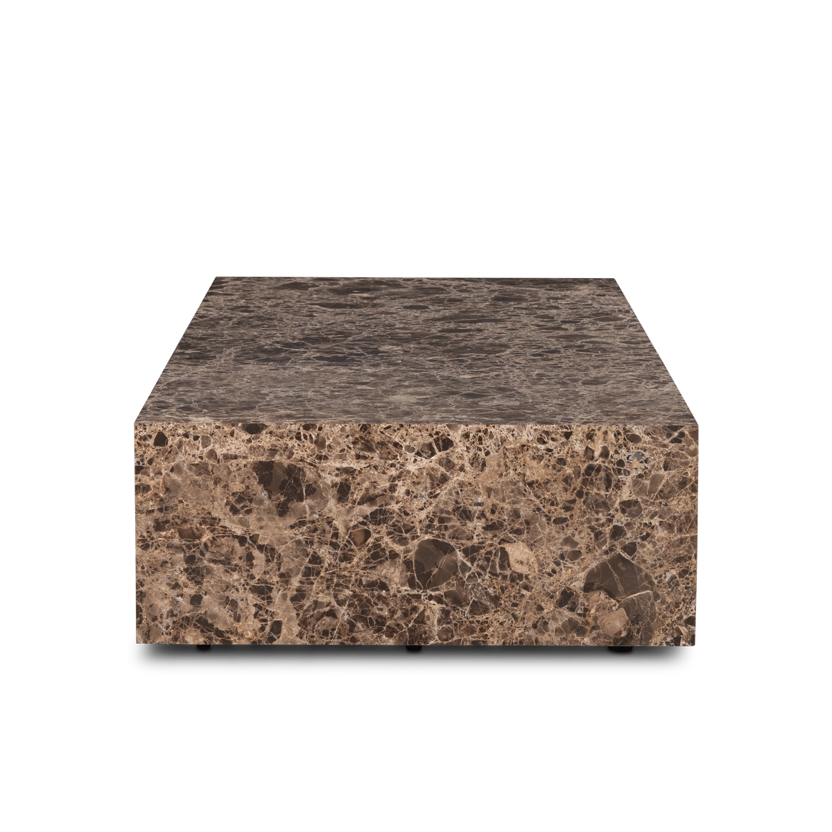 End view of the Meta Rectangular Coffee Table in Chocolate Brown Dark Emperador marble, showing the deep top surface and the large veined stone fragments along the side.