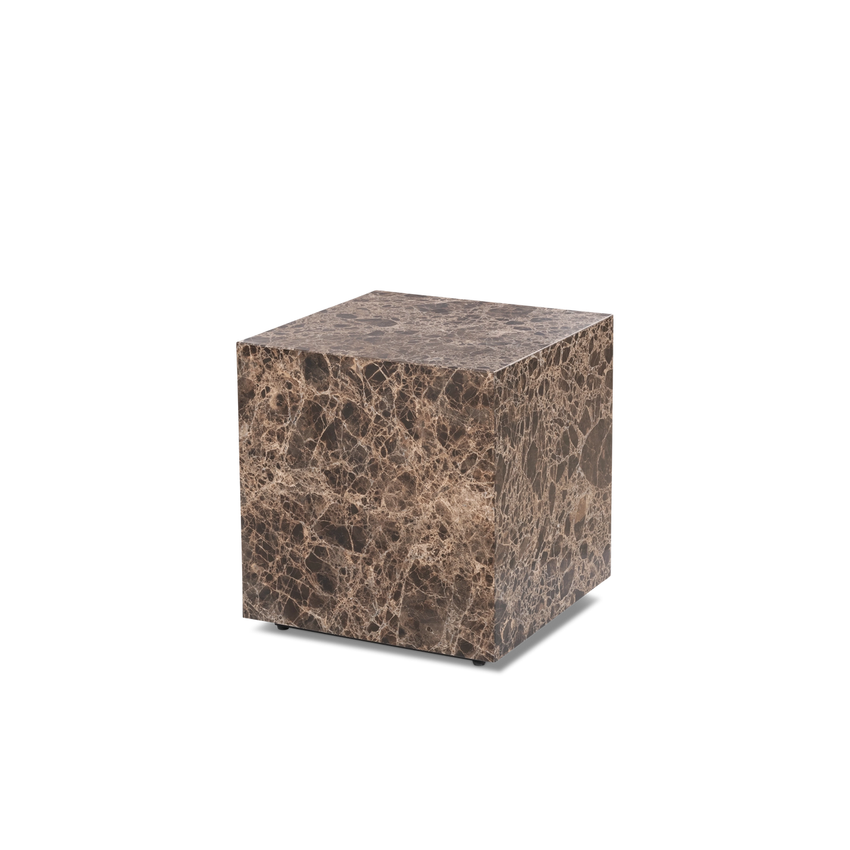 Meta Square Side Table in Chocolate Brown Dark Emperador marble from a slightly lower angle, showing the cube profile and the contrast between the side faces.