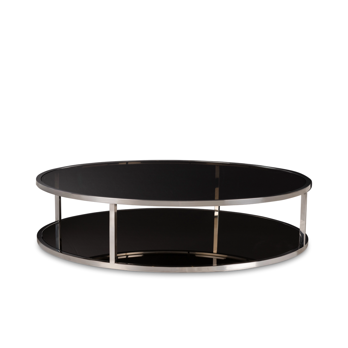 Sandro Coffee Table shown from the front in Polished Steel with a smoked glass top, a mirrored lower shelf and slim square posts connecting the two round tiers.