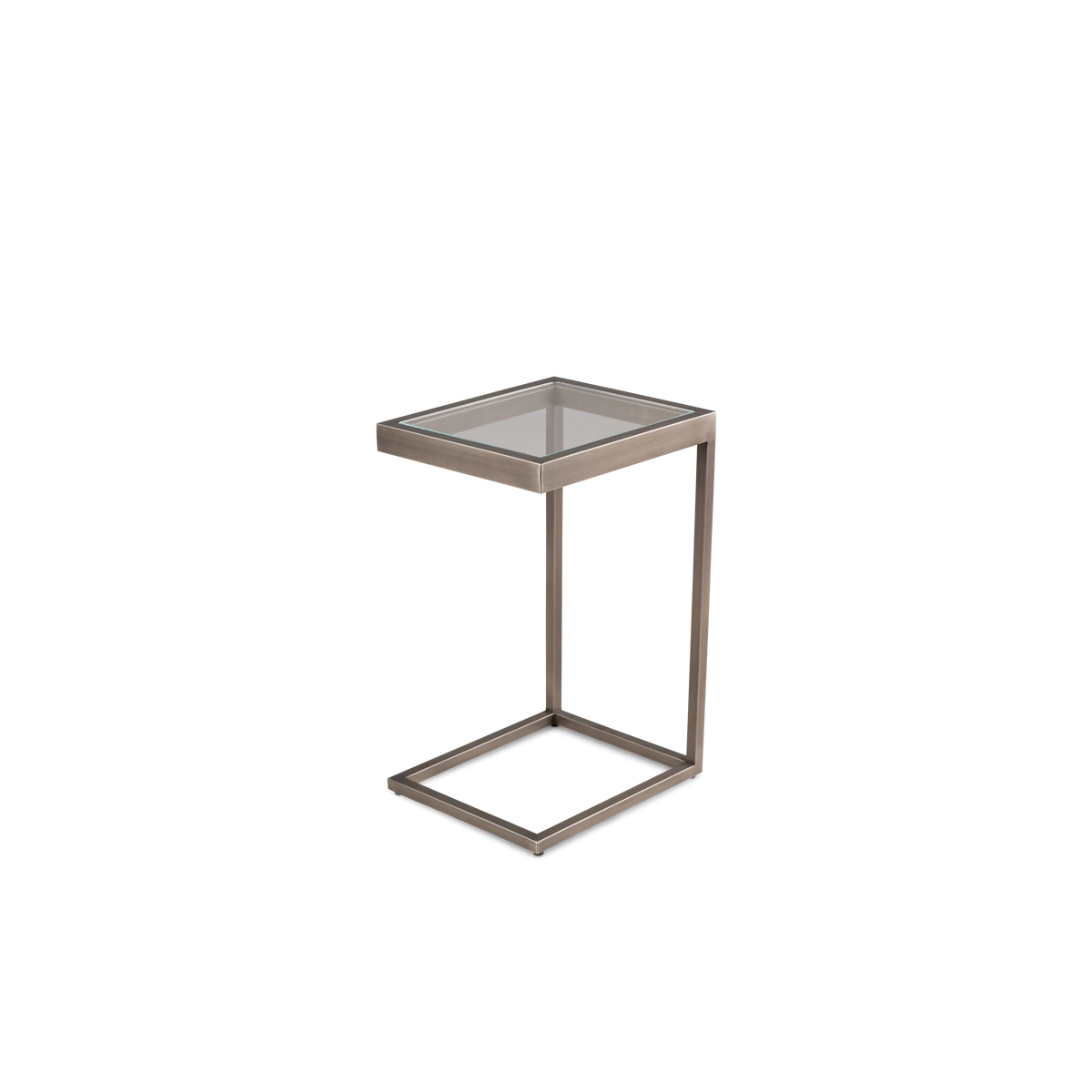 Tenor Pull Up Table shown from the side in Aged Pewter brushed metal and clear glass, with a C-shaped frame, square glass top and open base.