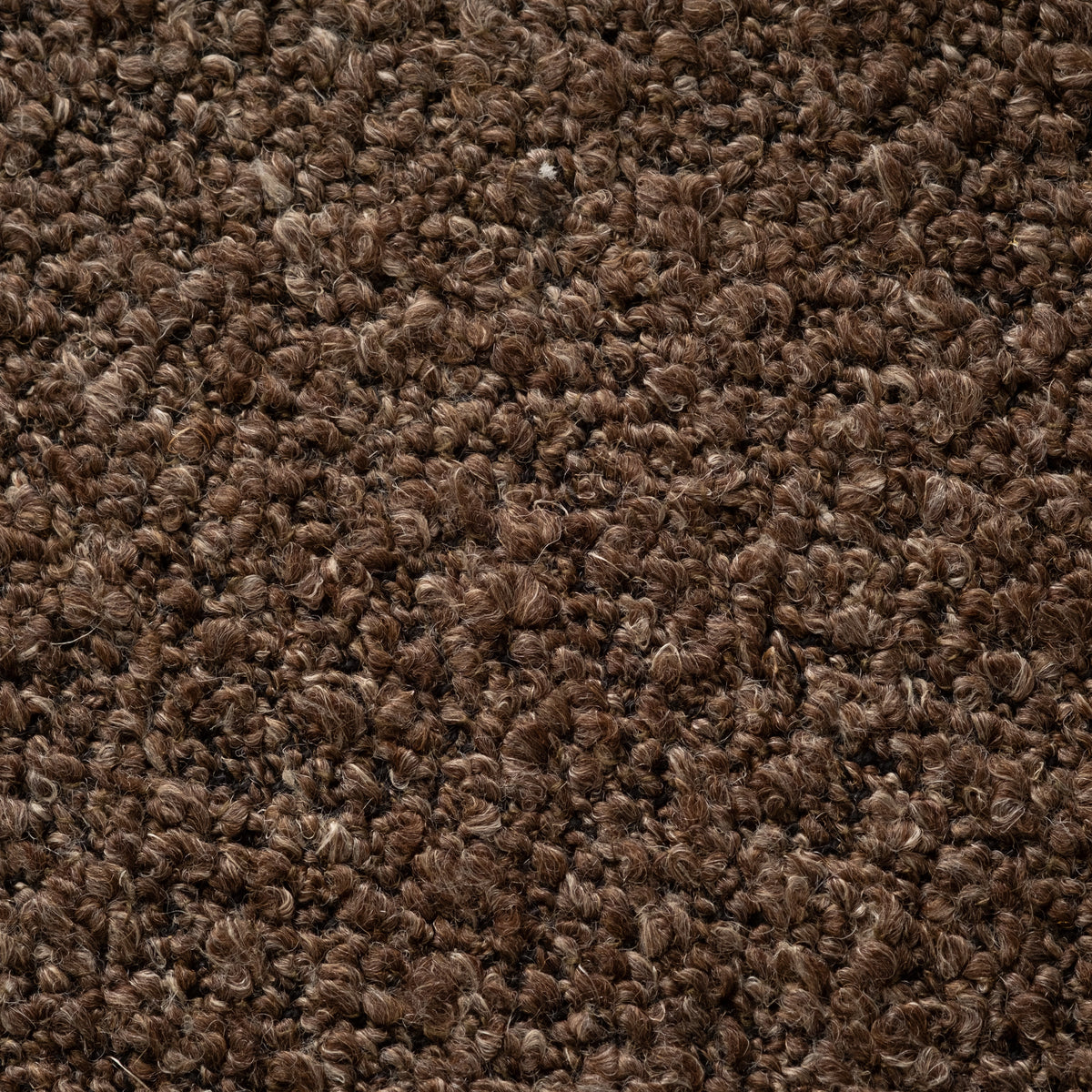 Close-up of the Embrace Lounge Chair’s Espresso bouclé fabric, showing dense looped yarns flecked with lighter tan and cream fibers.