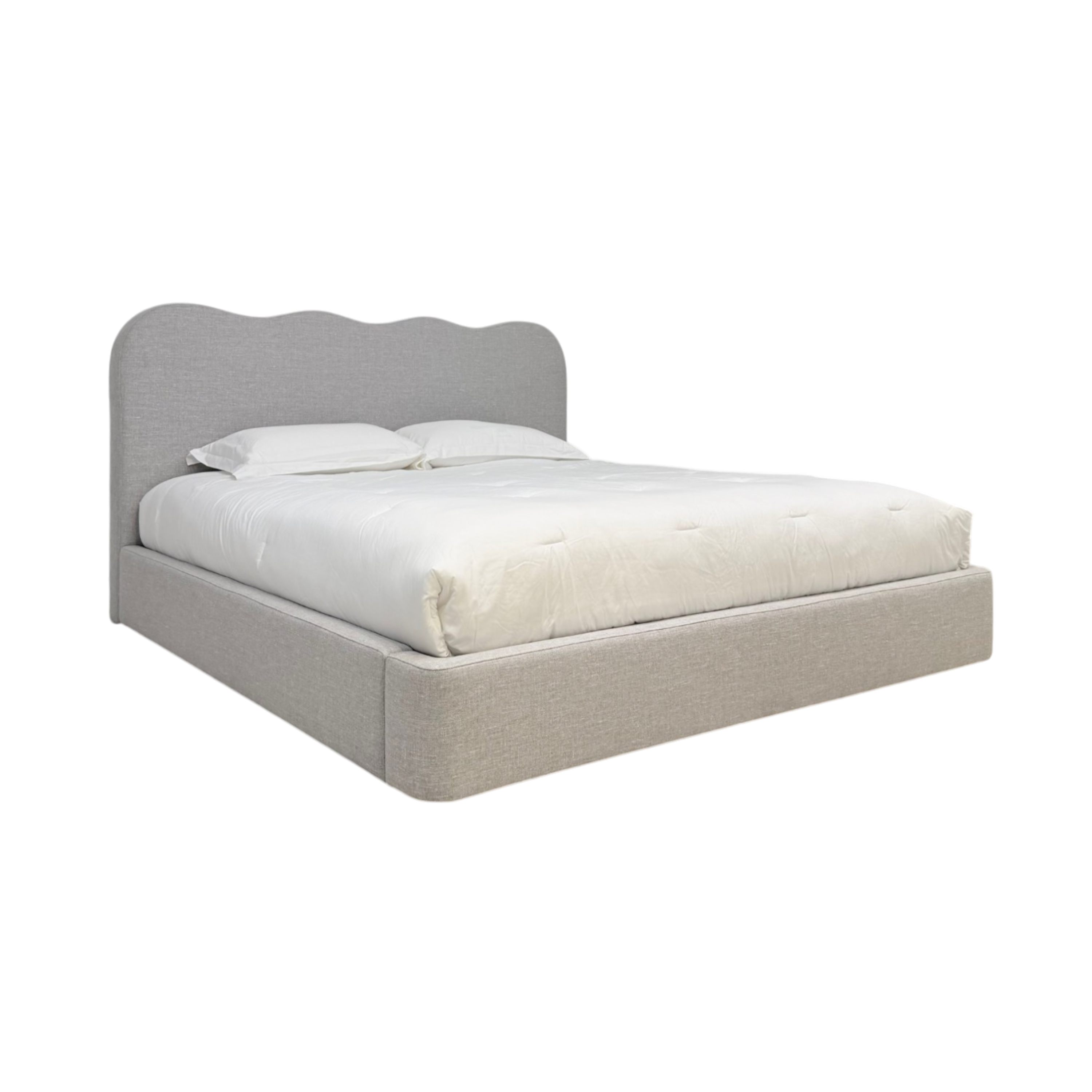 Sine King Bed a light gray upholstered bed frame with a wavy headboard and white bedding, shown on a plain white background.