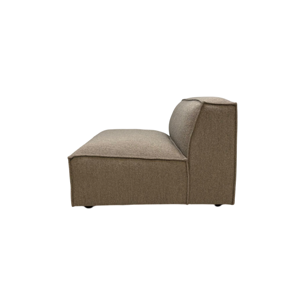 Vetro Modular Armless Chair in heathered brown upholstery, side view showing the low-profile silhouette, plush seat cushion and structured cushioned back.