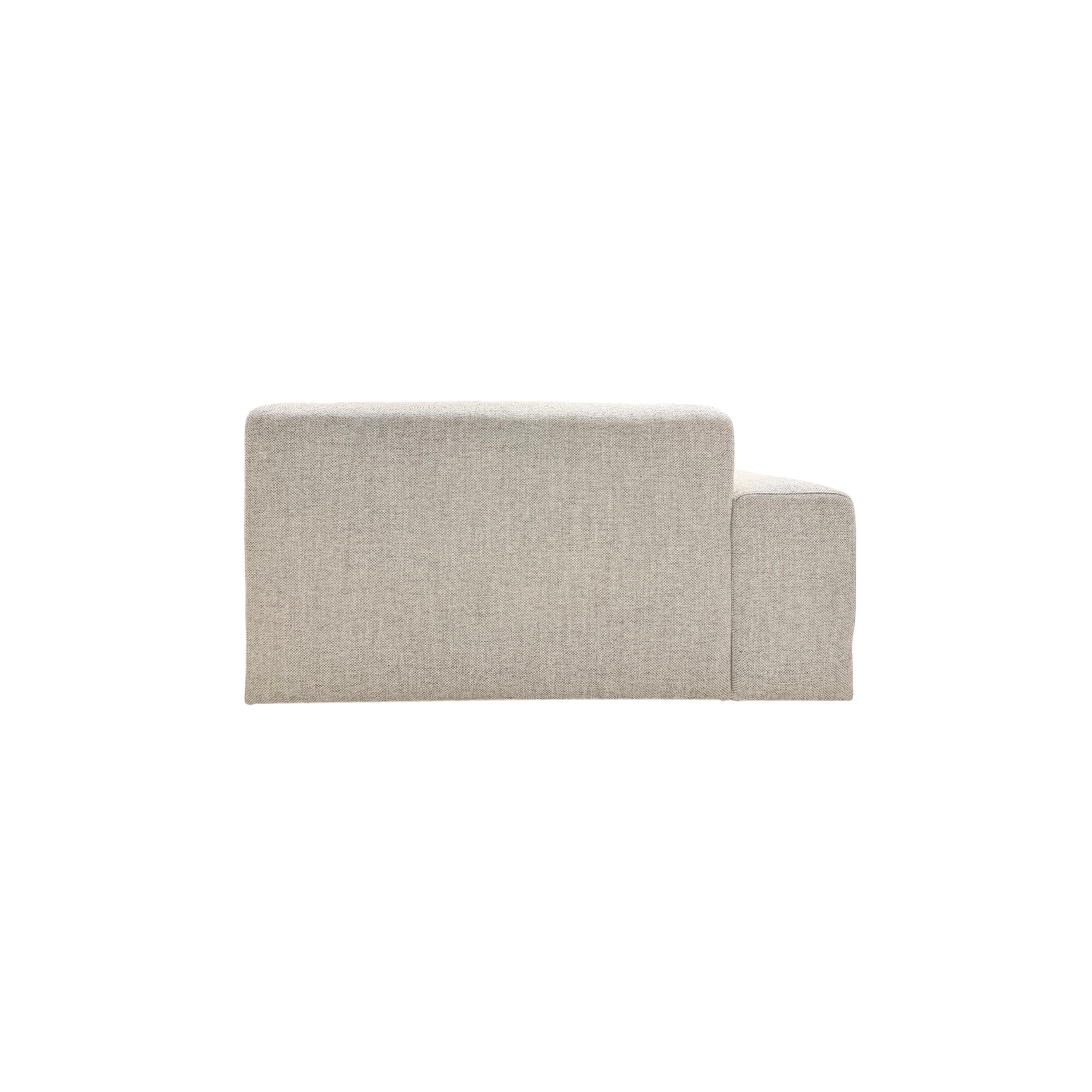 Vetro Bullnose LAF Chair in light grey woven fabric, rear view highlighting the clean upholstered back and single left arm.