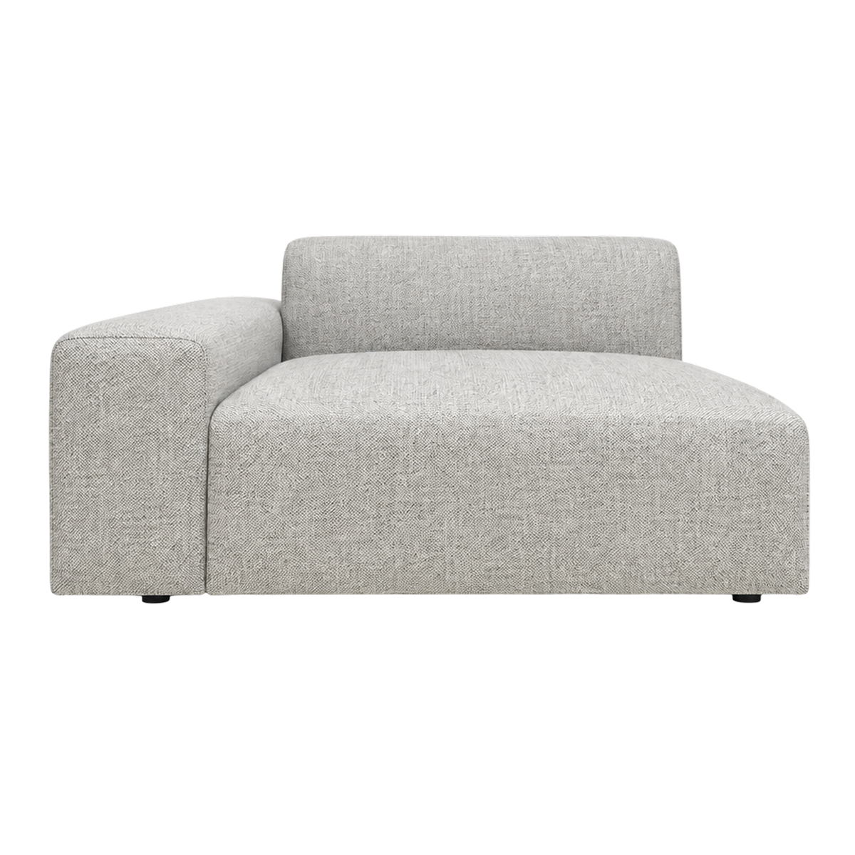 Vetro Bullnose LAF Chair in heathered gray basketweave, front view showing the broad open seat, low back, left-side arm, and rounded bullnose edge.
