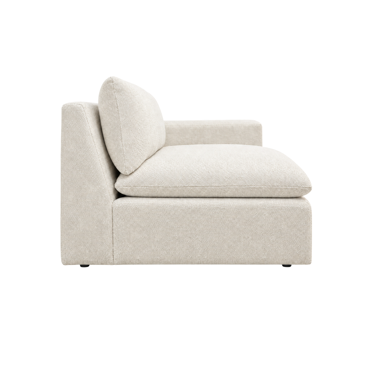 Tempo Modular RAF Chair in heathered greige textured upholstery, side view showing the plump seat cushion, leaning back cushion and sloped back panel with the arm beyond.