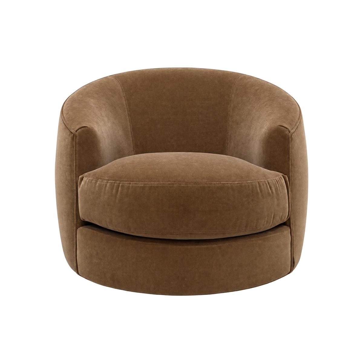 Grace Swivel Chair shown from the front in Caramel velvet, with a rounded barrel back, piped arms and a plush loose seat cushion.