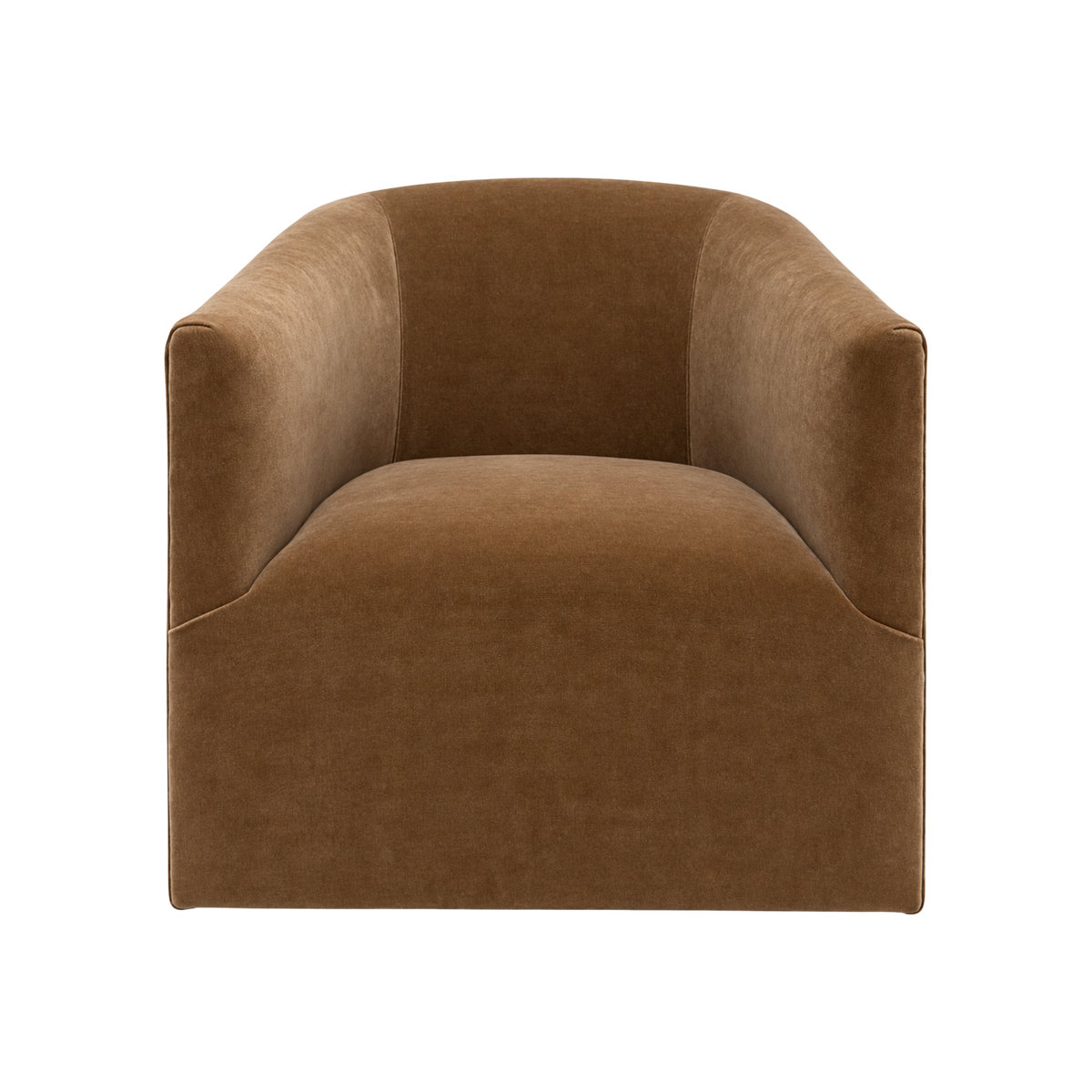 Colton Swivel Chair shown from the front in Cognac chenille, with a continuous barrel back, curved arms, and a softly sculpted base.