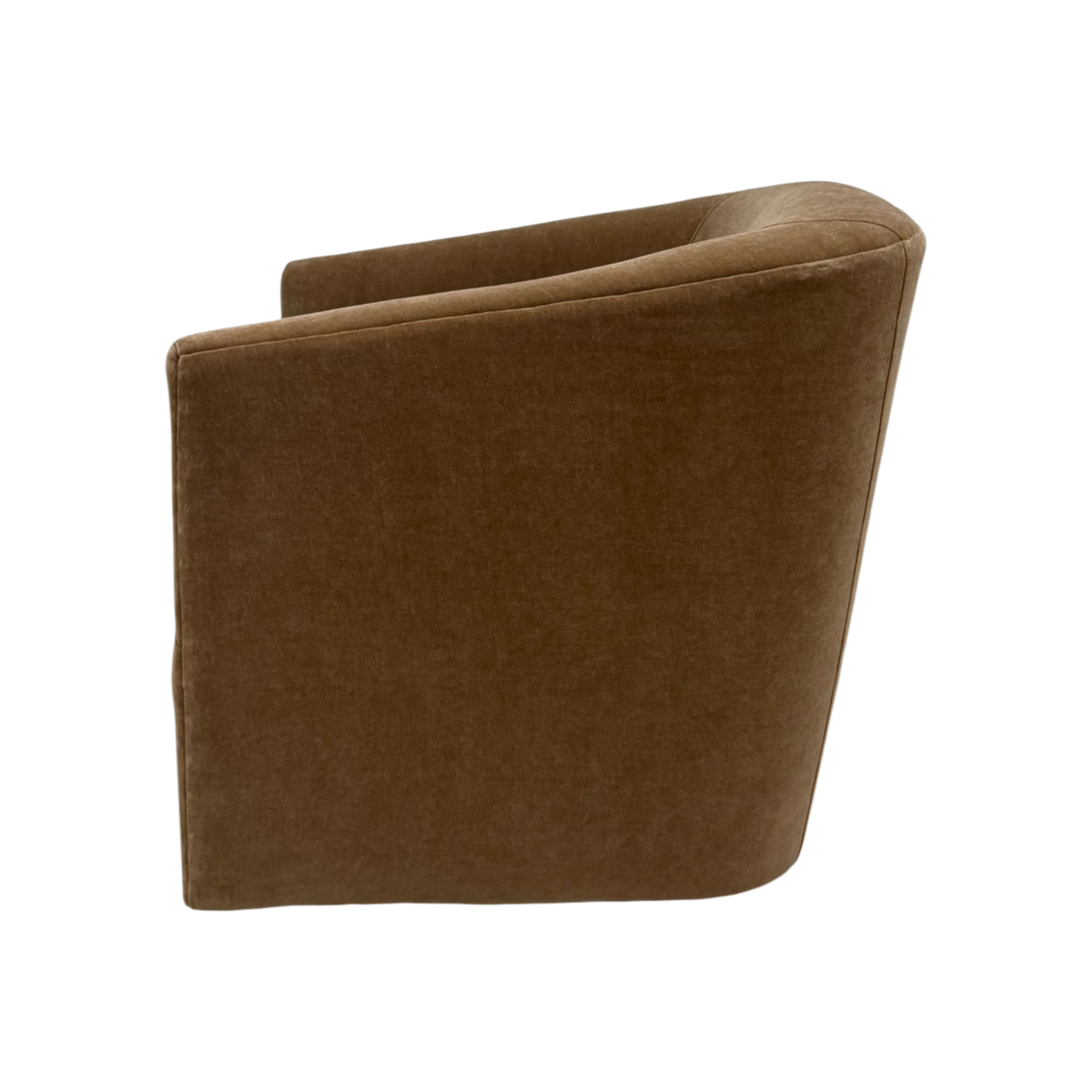 Colton Swivel Chair in Cognac chenille, angled view highlighting the smooth exterior back, tapered profile, and continuous curved seam.