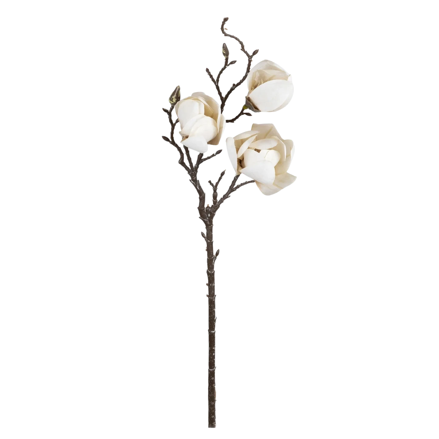 Artificial Magnolia White with creamy white blossoms and closed buds arranged along a slender, natural-looking brown branch.