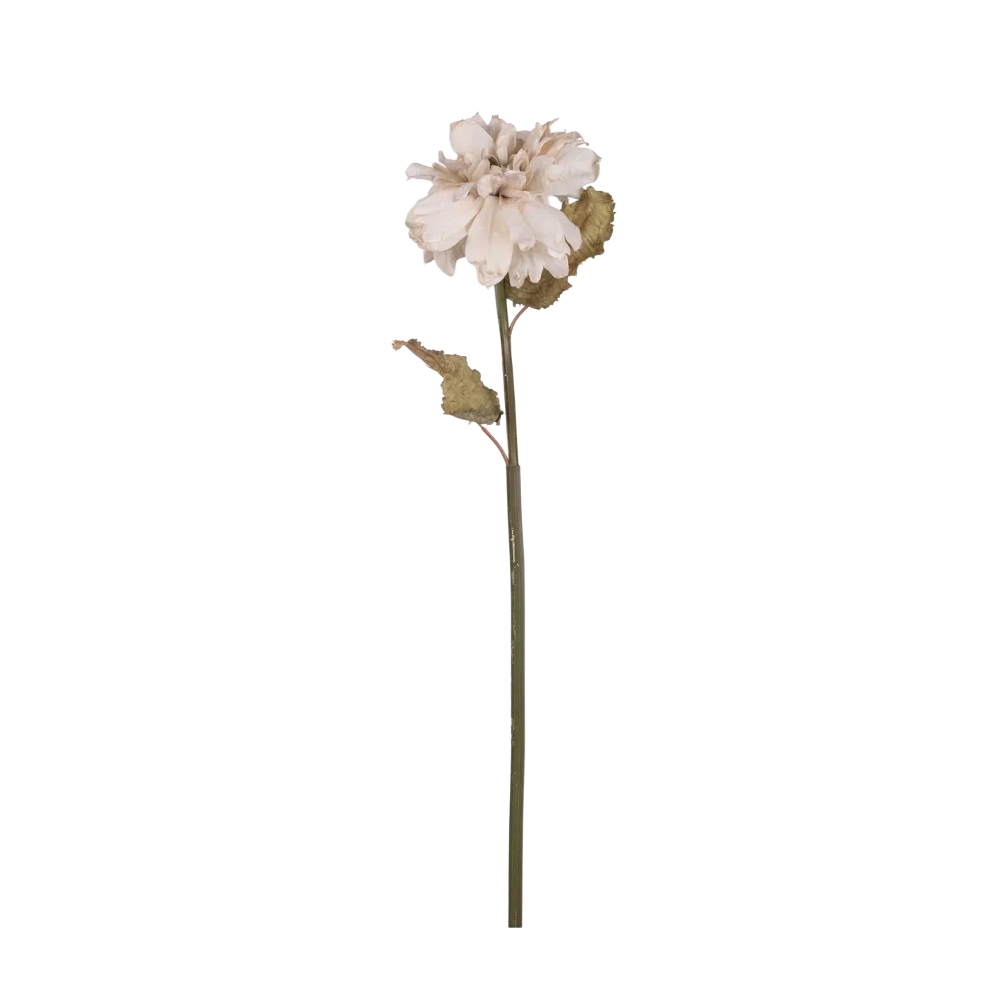 Artificial Dahlia Evening Dew with a softly ruffled blush-toned bloom, muted green leaves and a long slender stem.
