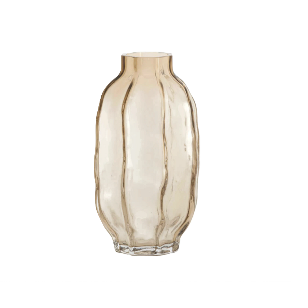 Medium lobed glass vase in smoked champagne with a hand-formed, rippled texture, shown from the front with tall vertical ribs, a softly narrowed neck, and a clear glass foot.