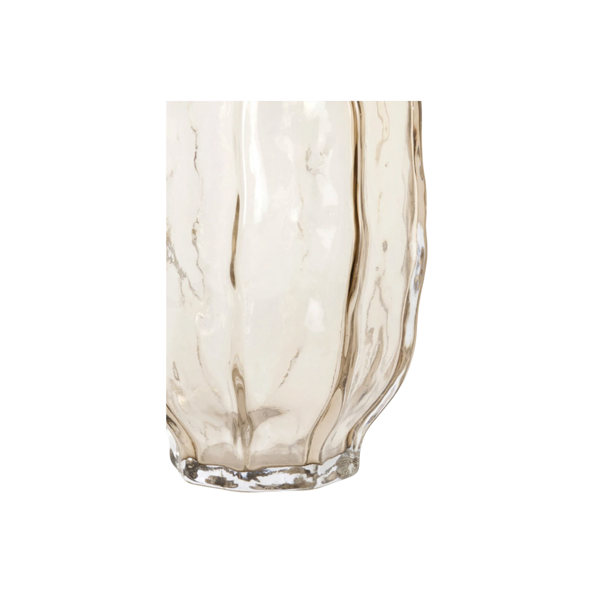 Close-up showing the clear, scalloped foot of the smoked champagne glass vase, with fine crackled veining and soft ripples rising through the lower lobes.