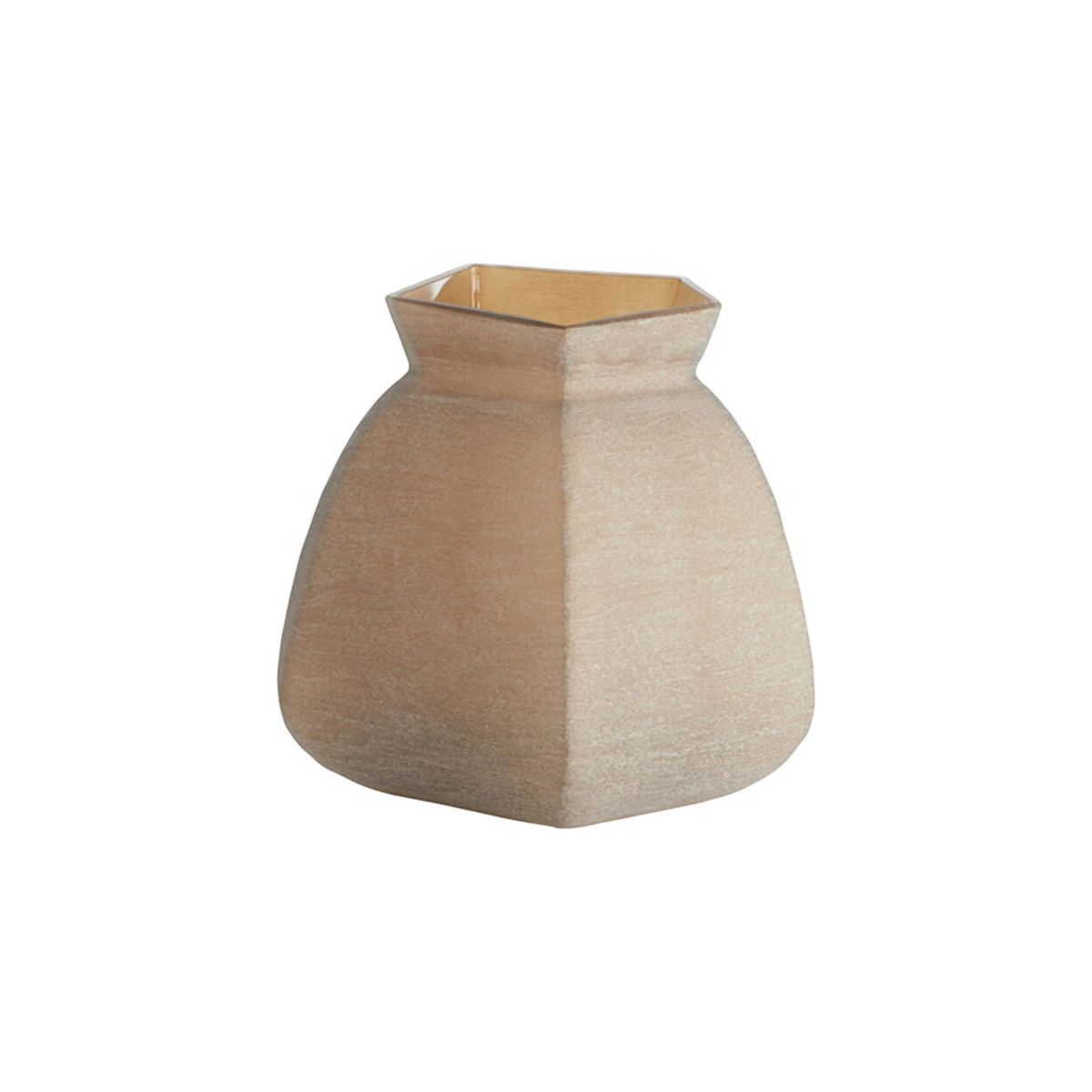 Angled view of the smoked taupe glass vase, with a broad faceted body in warm sandy brown shifting to paler taupe at the sides, and a glossy amber glow inside the opening.