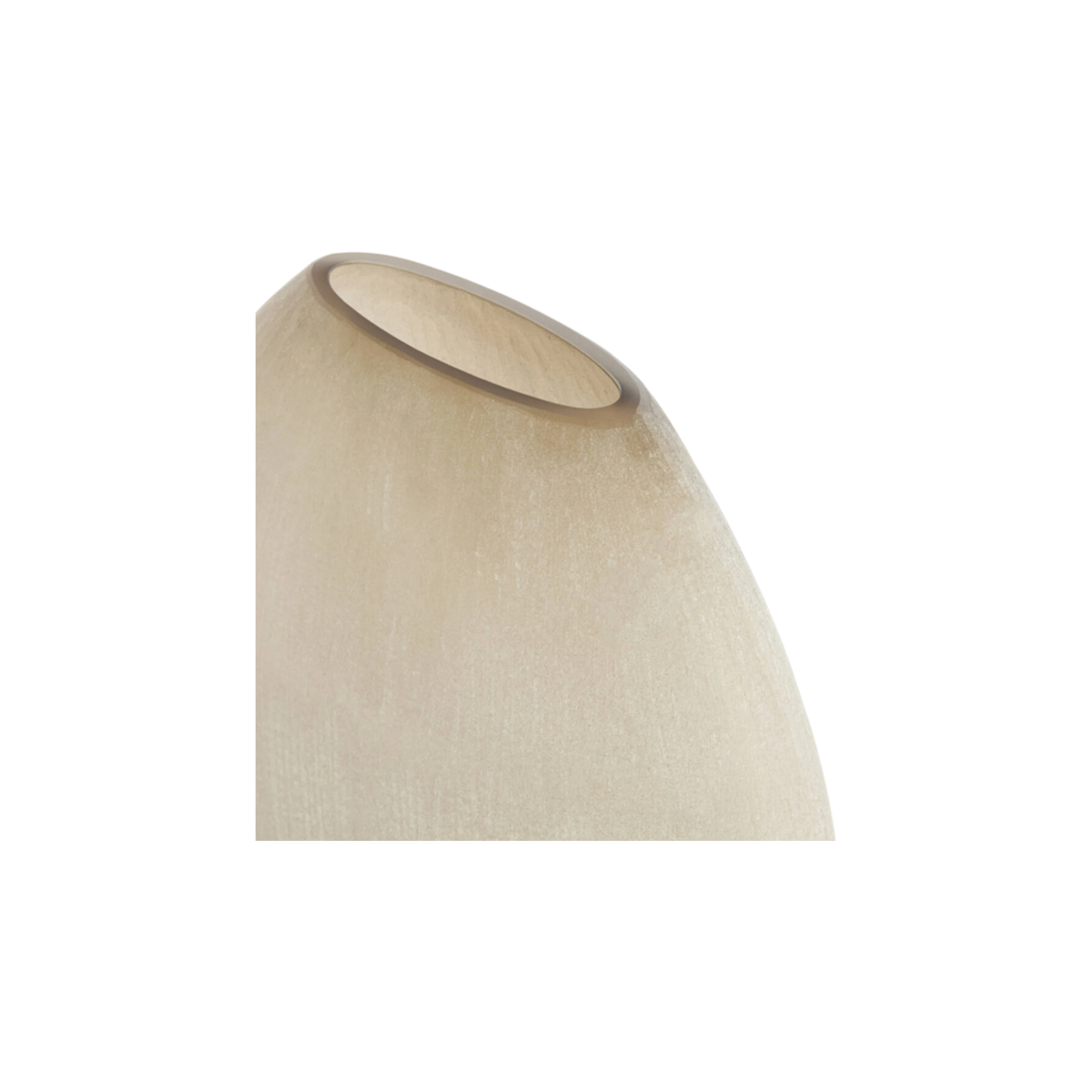 Close-up showing the rim of the Globe Glass Large Vase in warm greige frosted glass, with a thick, smooth lip, a glossy inner wall, and fine brushed vertical texture on the outer surface.