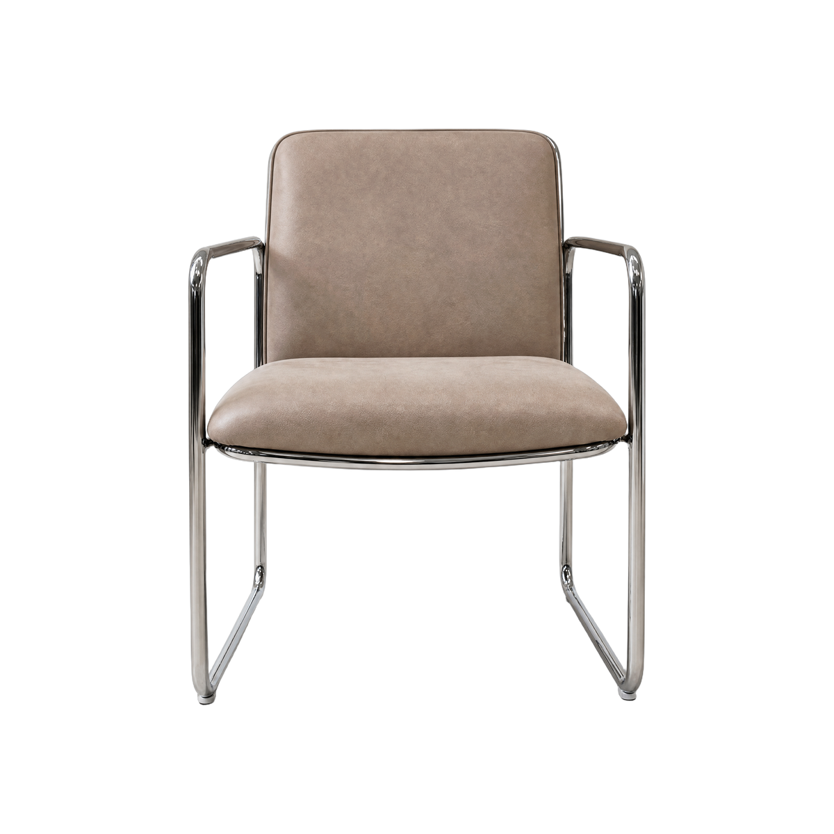 A modern accent chair with a light beige upholstered seat and backrest, supported by a sleek chrome metal frame, shown against a plain white background.