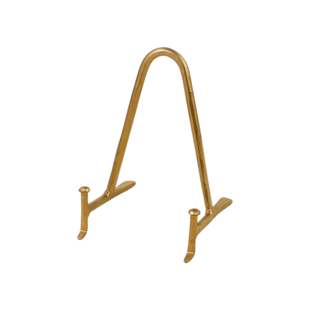 Medium Arc Display Stand in gold-tone iron with a rounded arch frame, slim supports and splayed feet designed to hold a plate, book or framed decorative object.