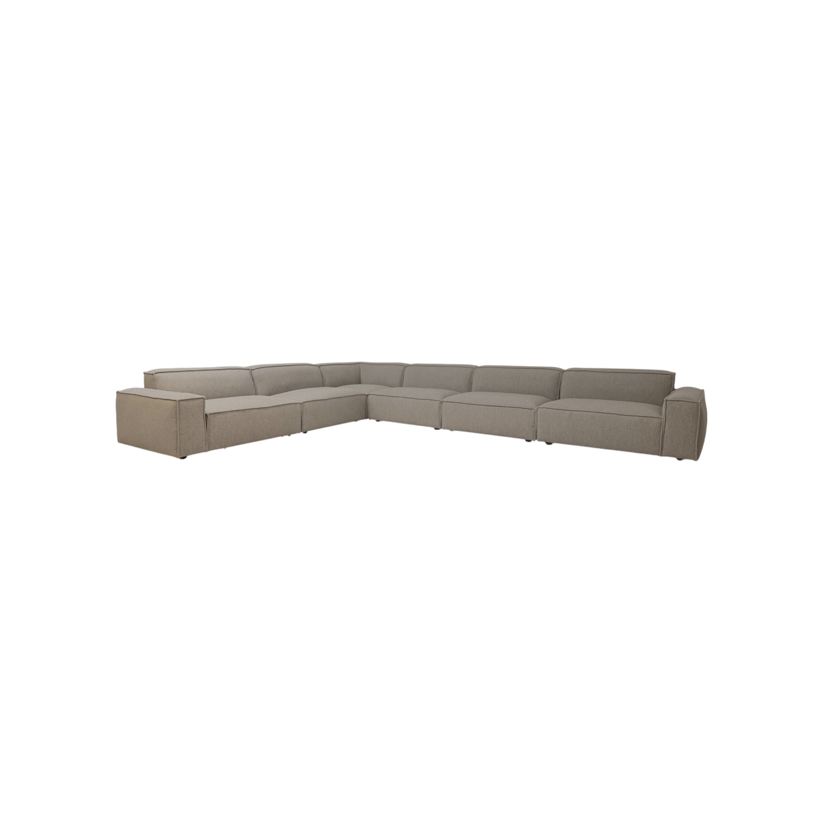 Vetro Modular Sectional angled view highlighting the expansive modular configuration, deep seating and soft heathered taupe upholstery.