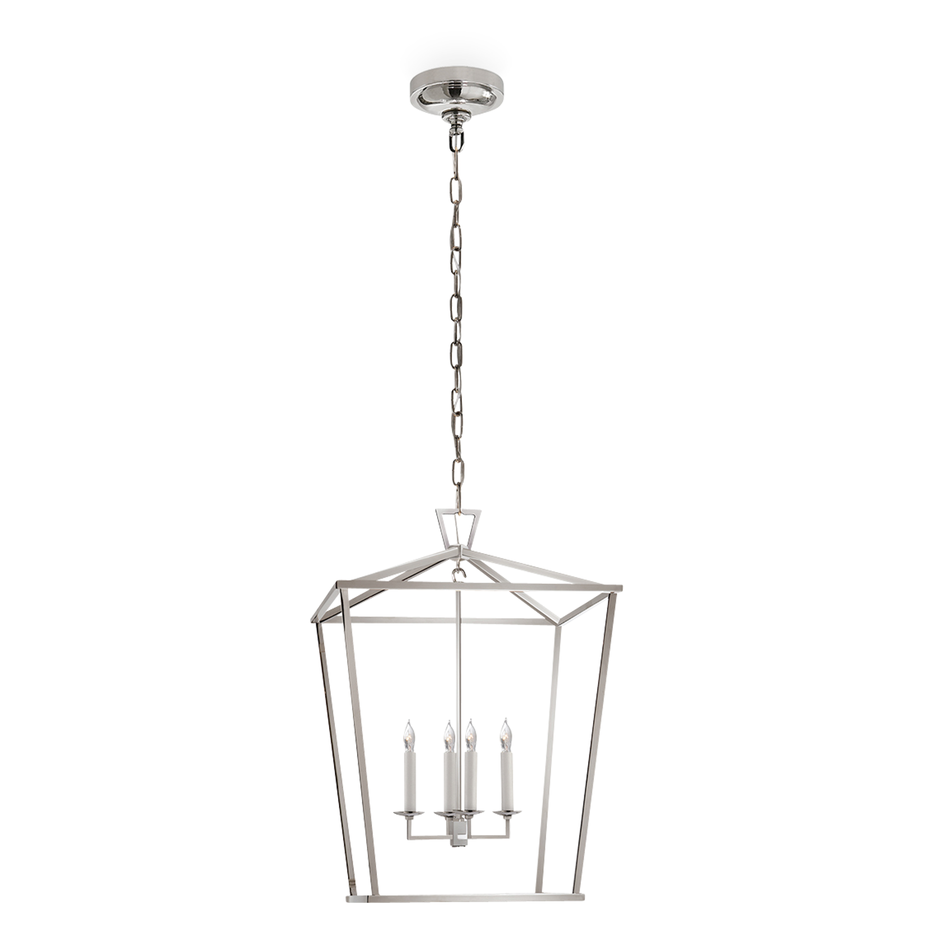 A modern lantern pendant featuring an open metalwork frame in a polished nickel finish.