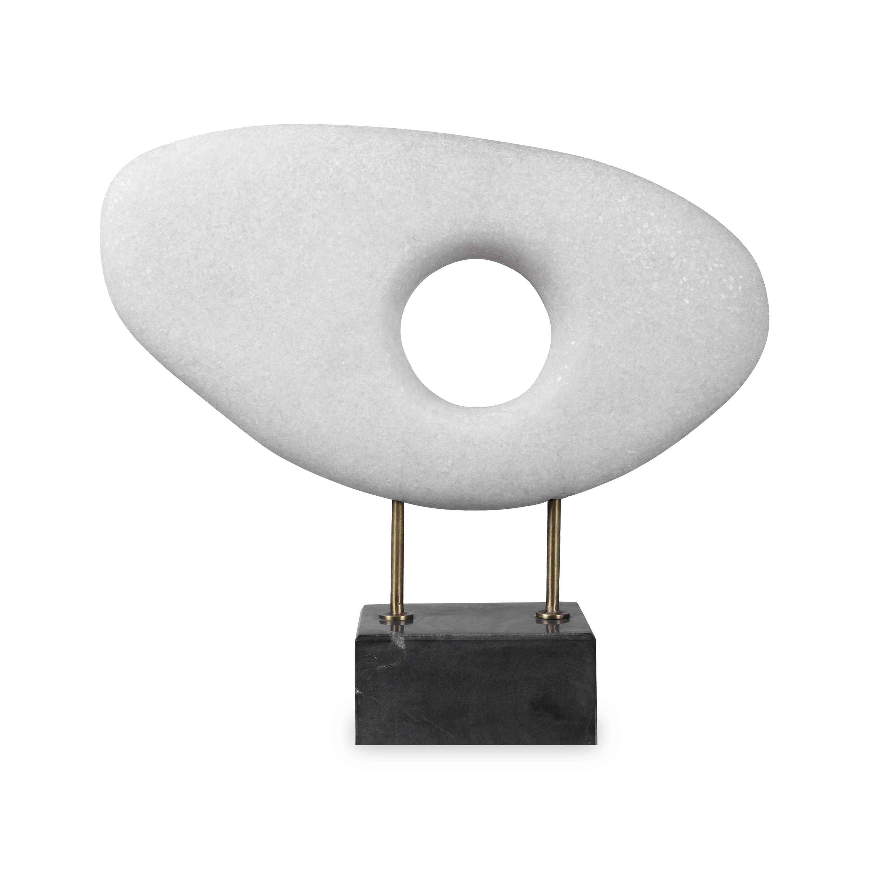 The monolithium shape executed in granulated marble that accurately replicates the look of Thassos marble with a honed black marble base and brass pegs is bound to become a highly