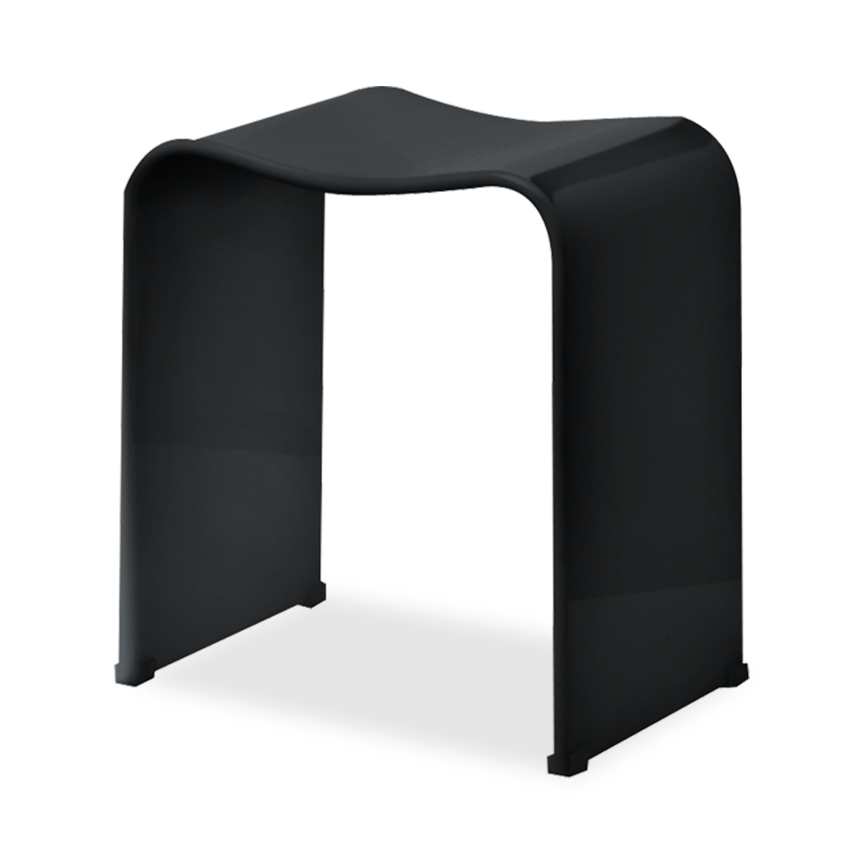 The Acrylic Bath Stool in black features a sleek design with elegant curves.