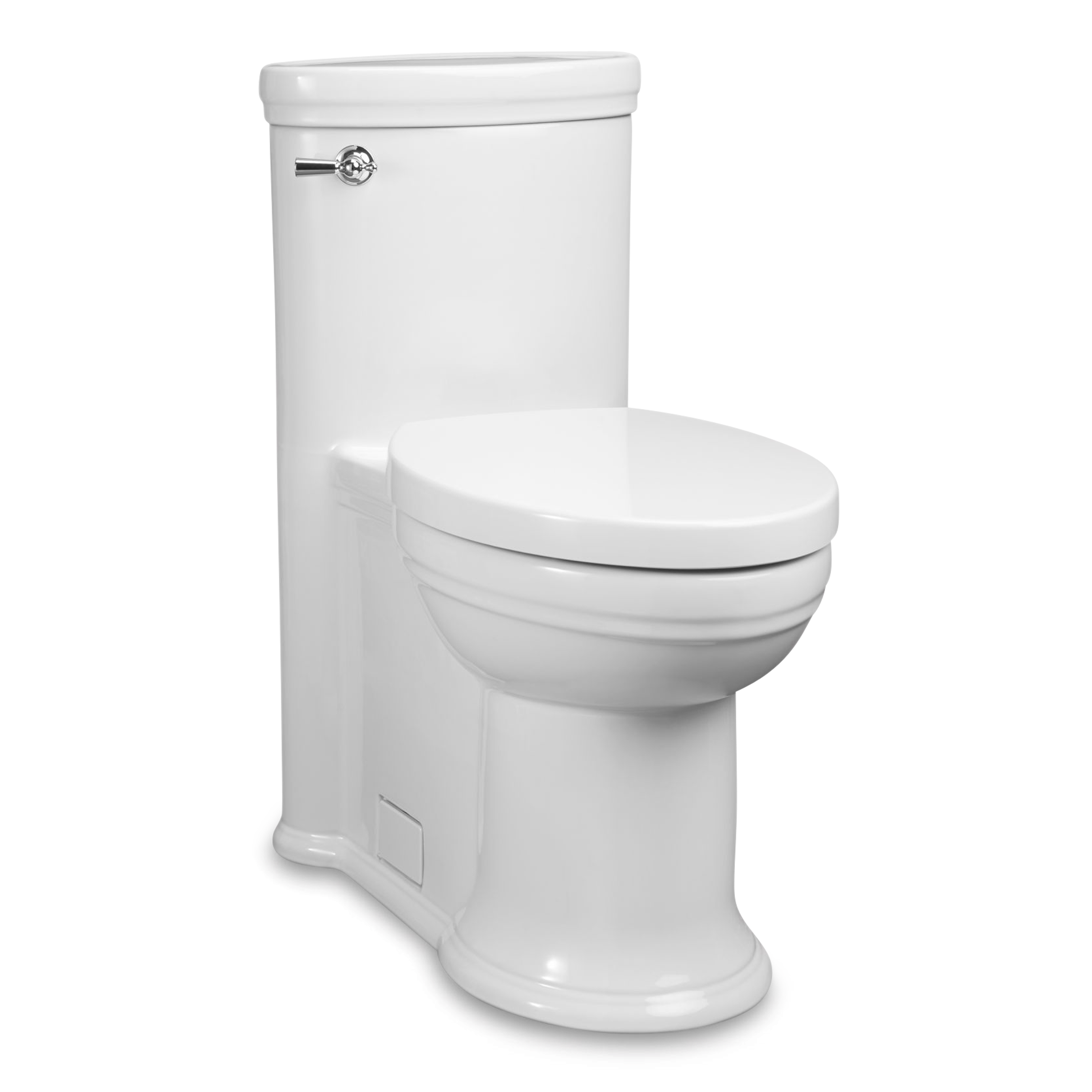 A transitional style one-piece toilet with Slow Close seat.