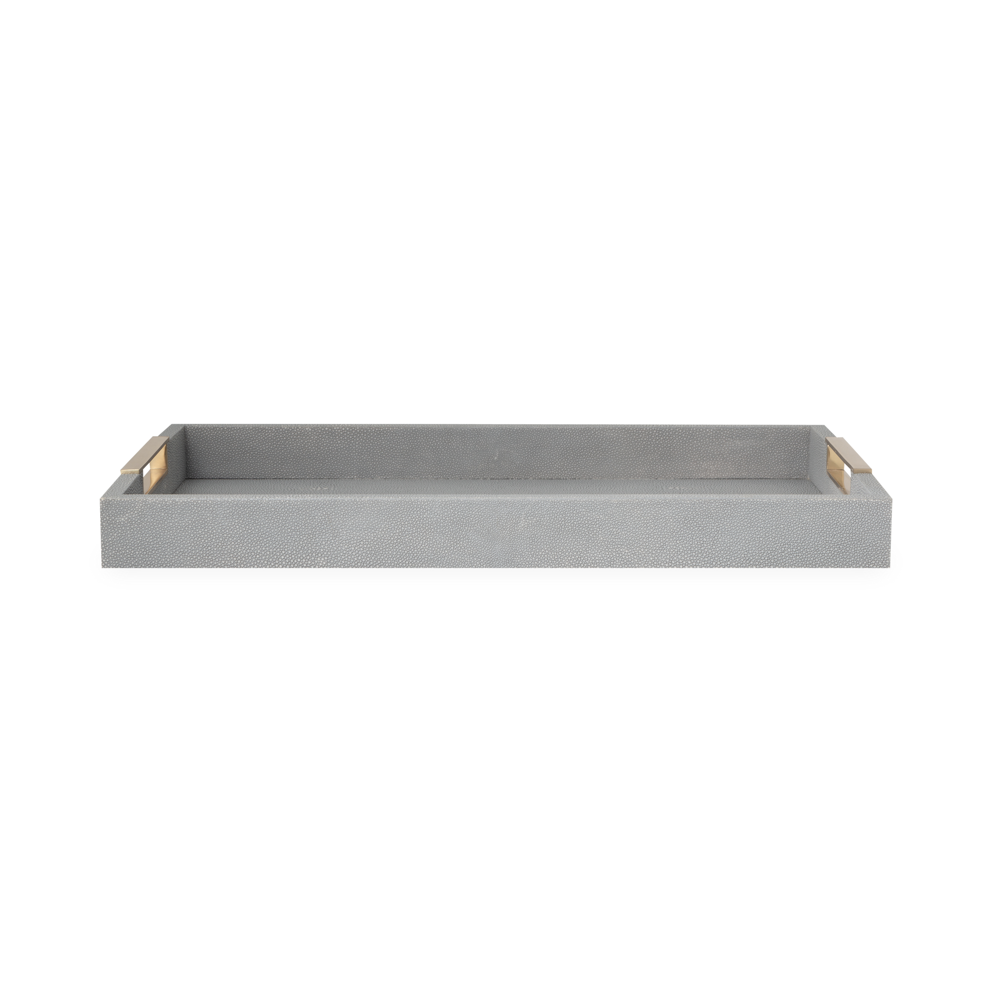 This circular tray is a stylish addition to entertaining, with an embossed faux shagreen finish and brass caged integrated handles along the perimeter.
