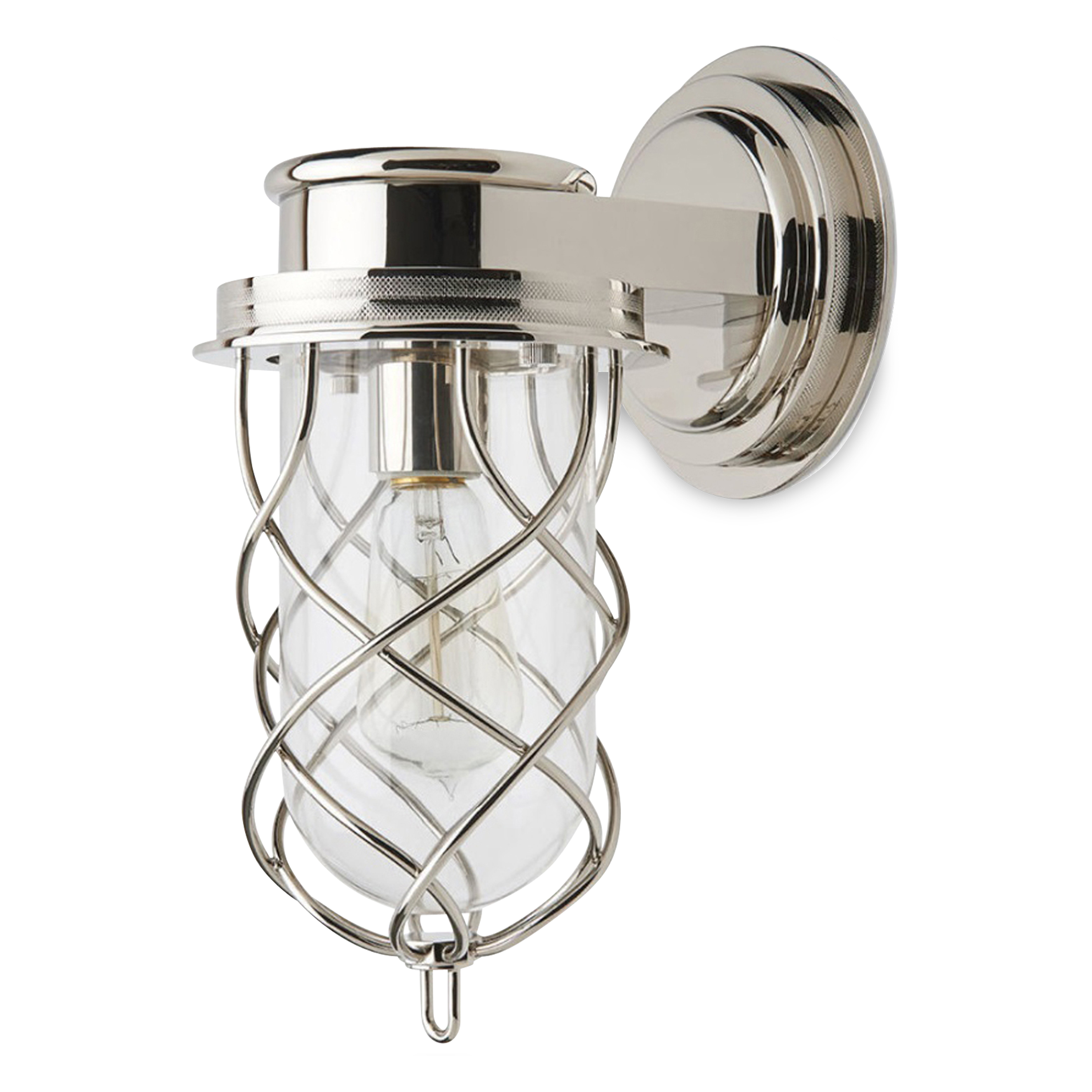 Sturdy, rugged and yet refined, the Compass sconce features a clear glass bell shade enclosed in a woven brass cage that is held by knurled rings.