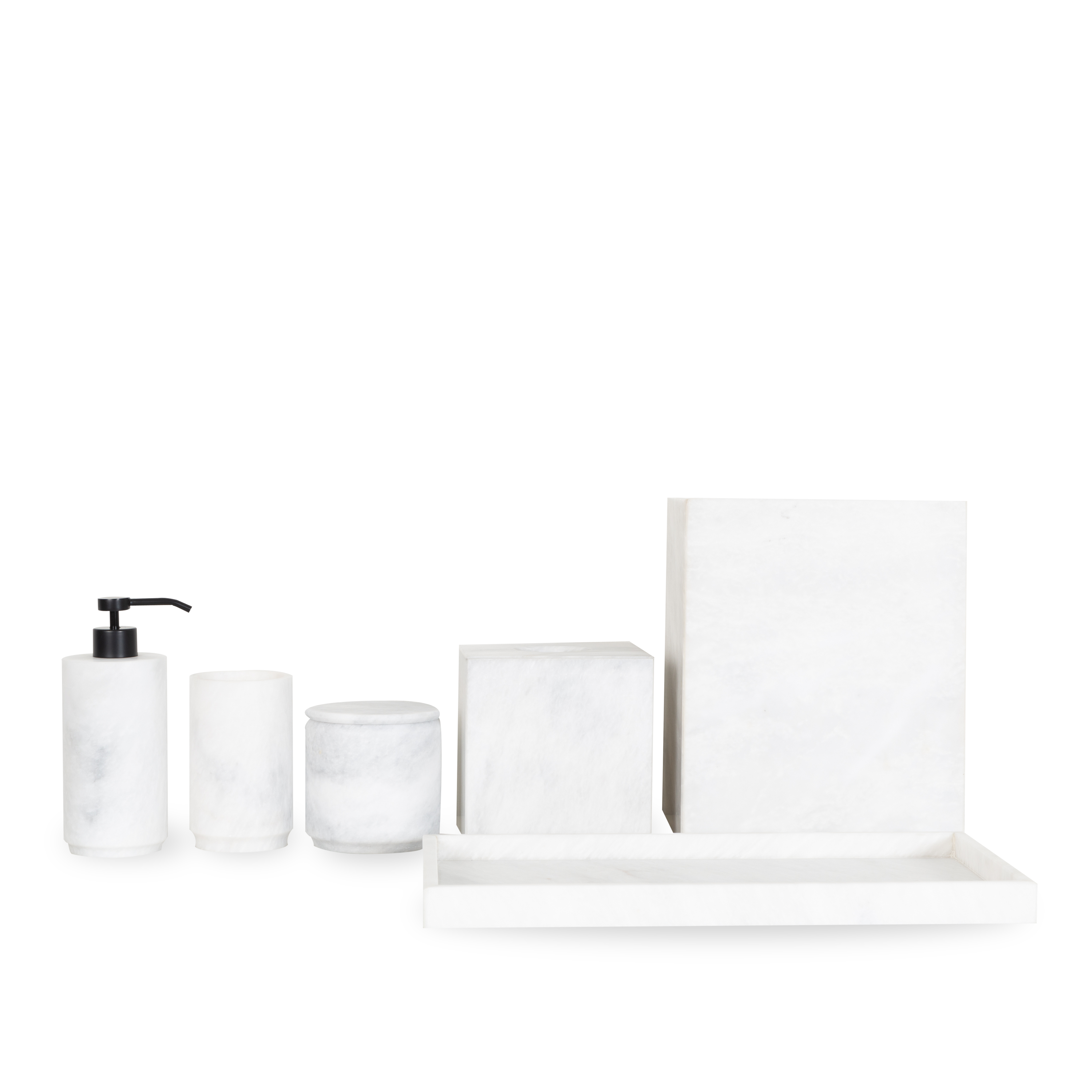 A gorgeous white marble collection of bathroom essentials with a minimalist design.