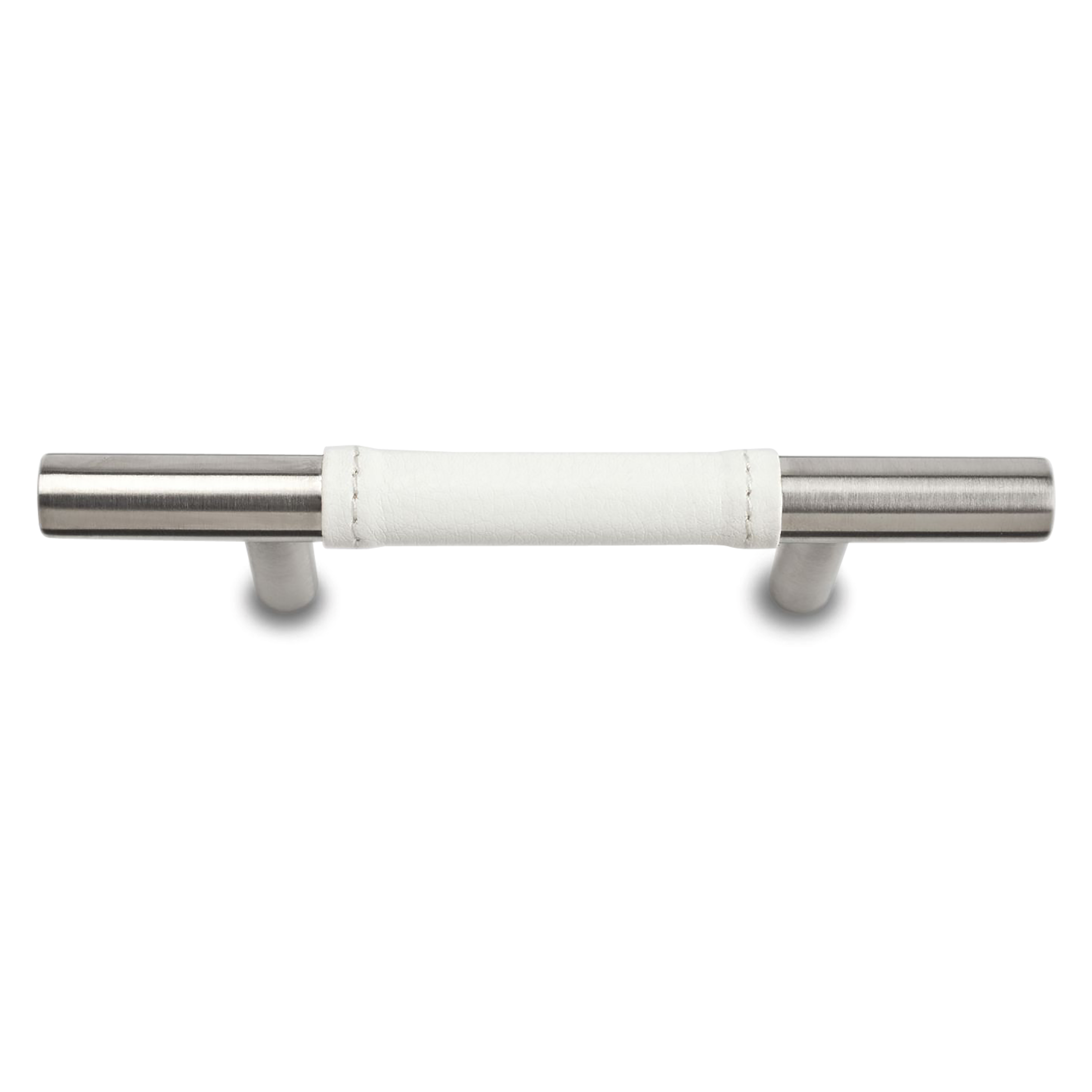 A modern pull with a white leather wrapped bar.