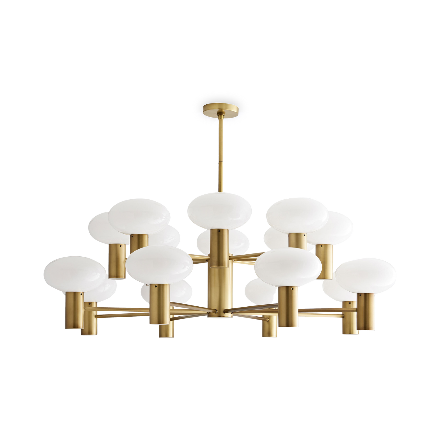 Finished in antique brass%2C the cylindrical center features several slender arms that spider out in a diamond-like formation to showcase sixteen mushroom-shaped opal glass globes.
