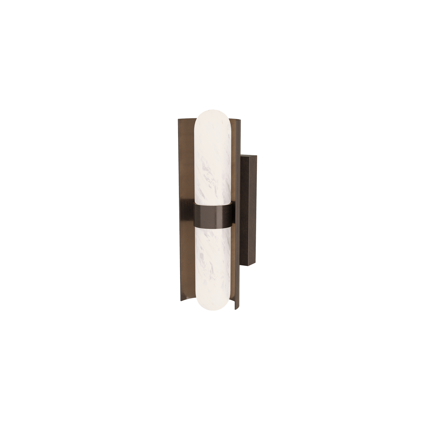 The Bretman Wall Sconce offers a brilliantly simple yet elegant lighting solution with its tubular glass in a matte swirled finish%2C complemented by a steel backplate in English Bro