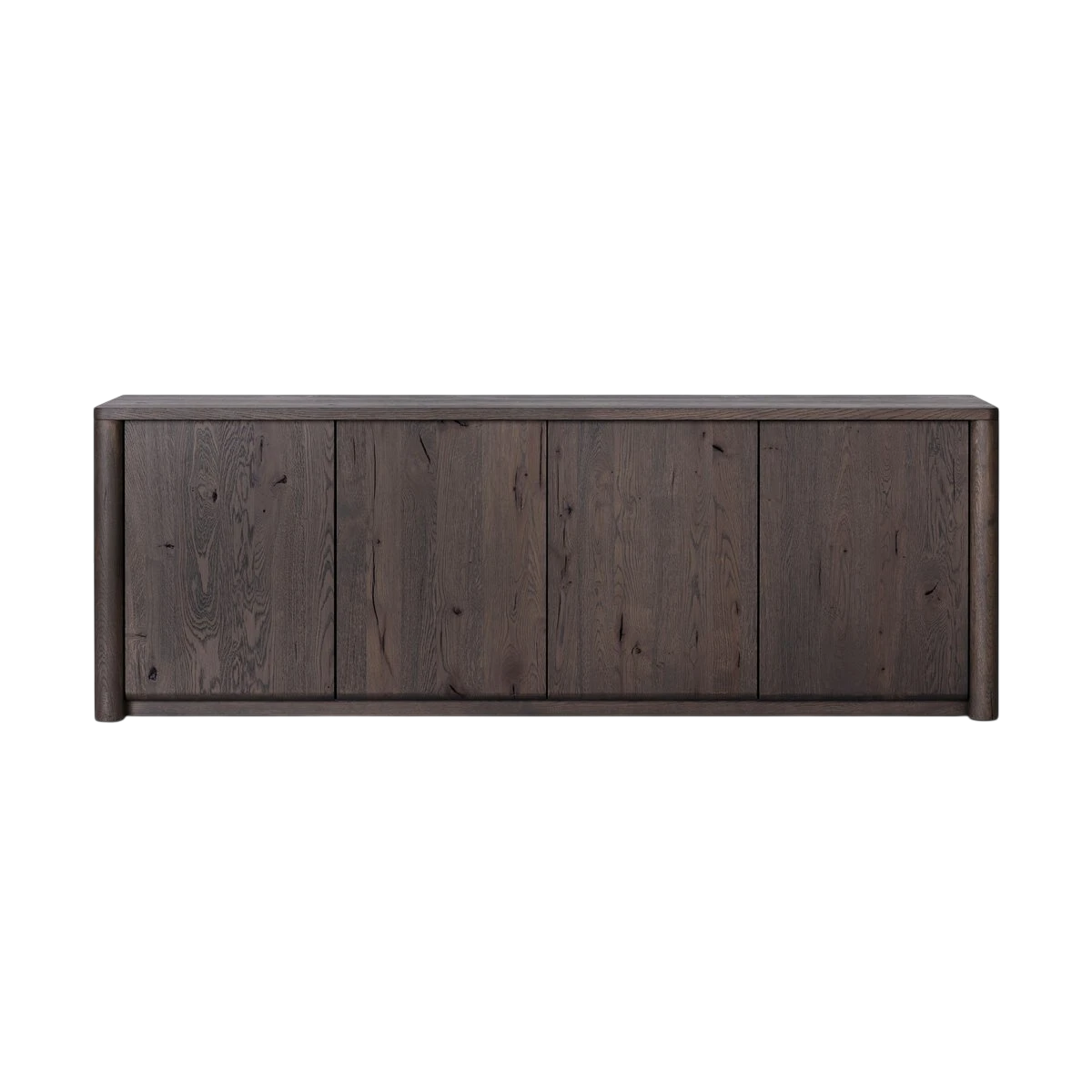 Hewitt Sideboard in dark weathered oak with four flush doors, softly rounded corners and pronounced natural wood grain.