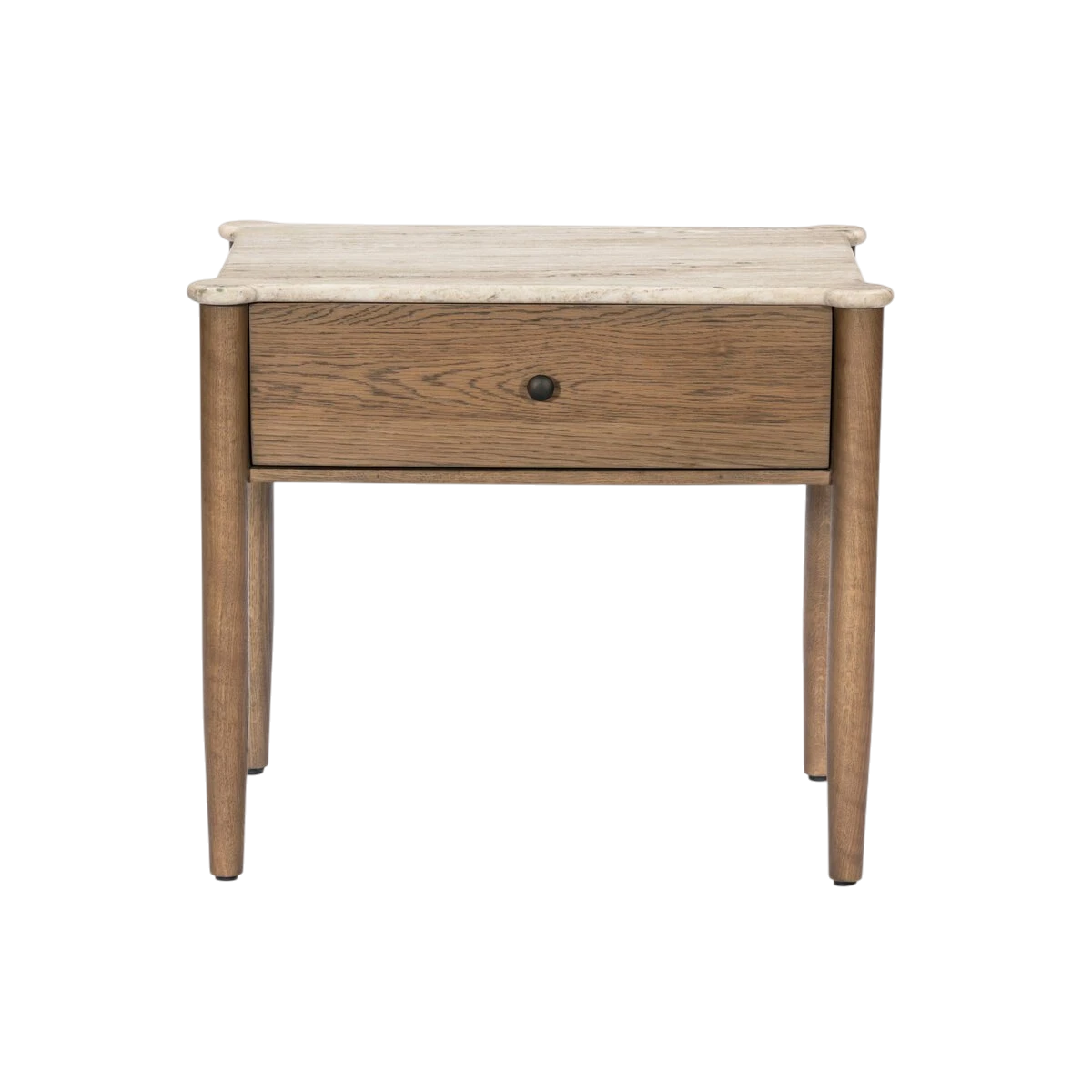 Koda Nightstand in light oak with a single drawer, tapered legs, dark round knob and softly veined travertine top.