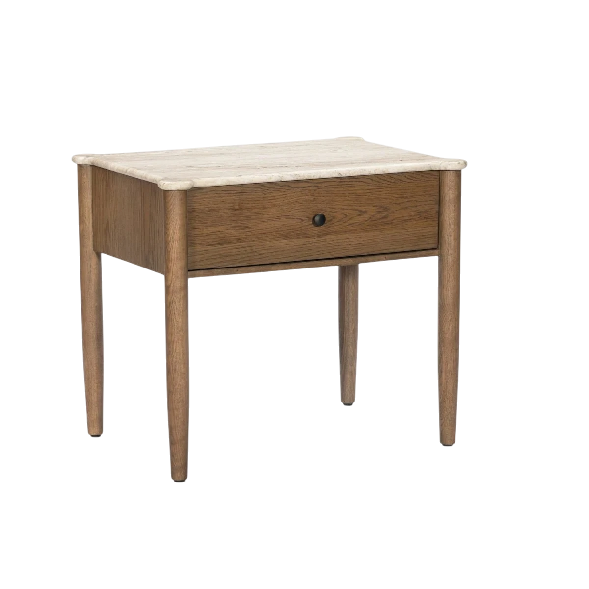 Angled view of the Koda Nightstand showing its warm oak frame, single drawer, tapered legs and rounded travertine tabletop edge.