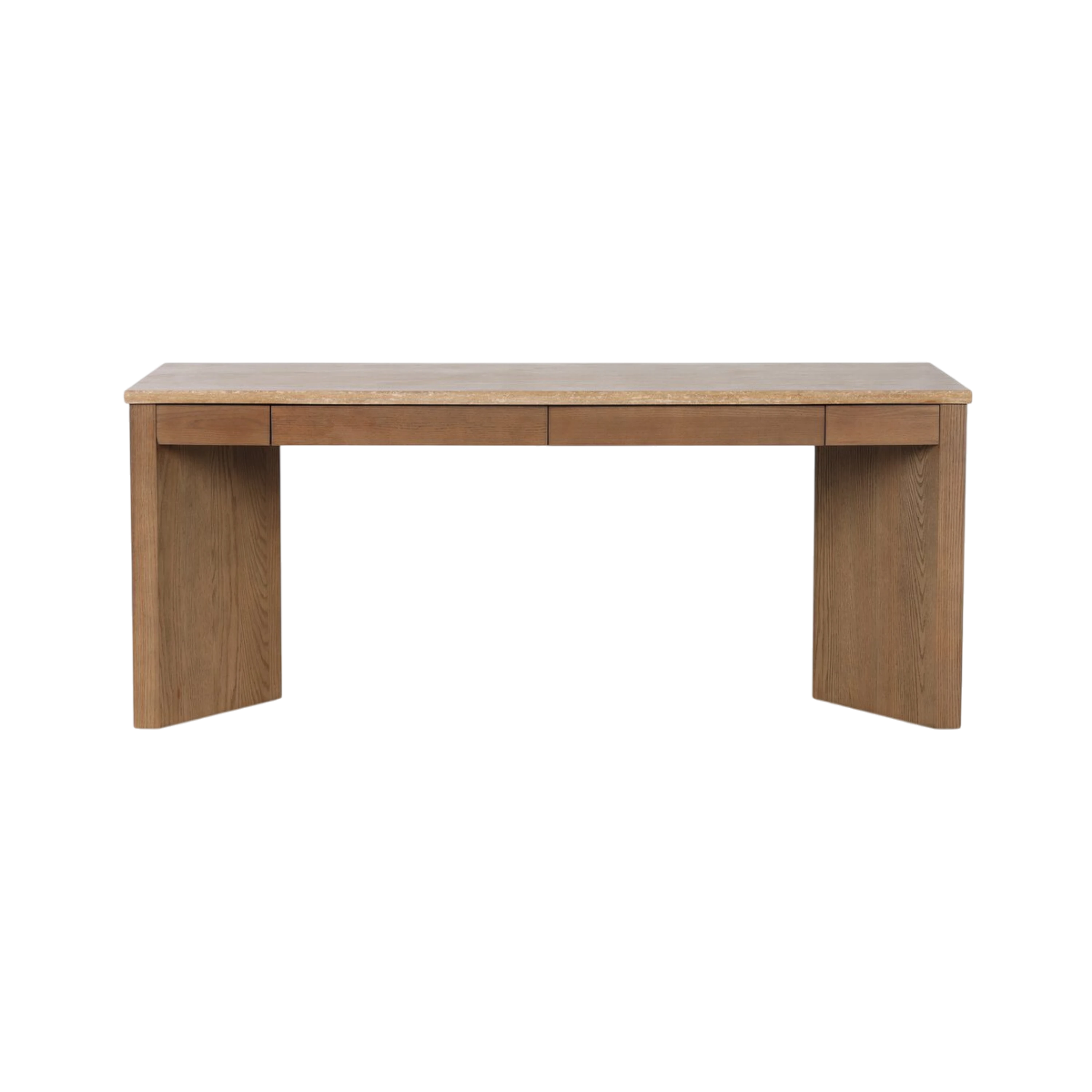 Cobble Desk with warm amber travertine top, natural oak panel legs and four streamlined hardware-free drawers across the front.