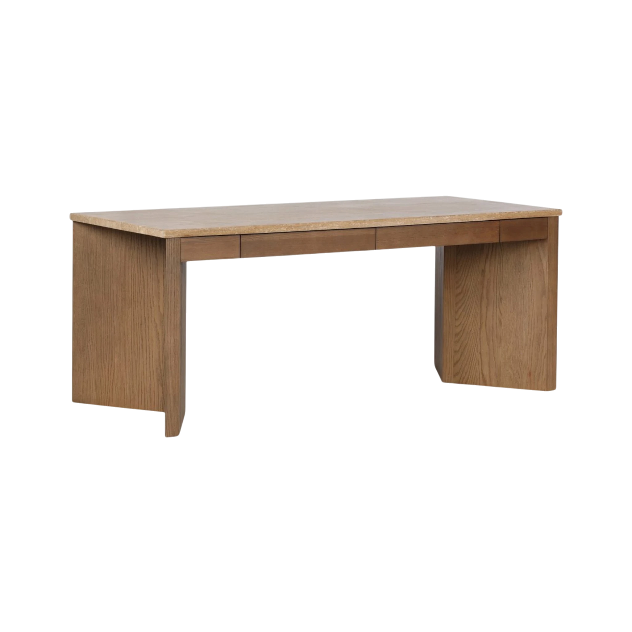 Angled view of the Cobble Desk highlighting its light oak construction, travertine work surface and clean architectural silhouette.