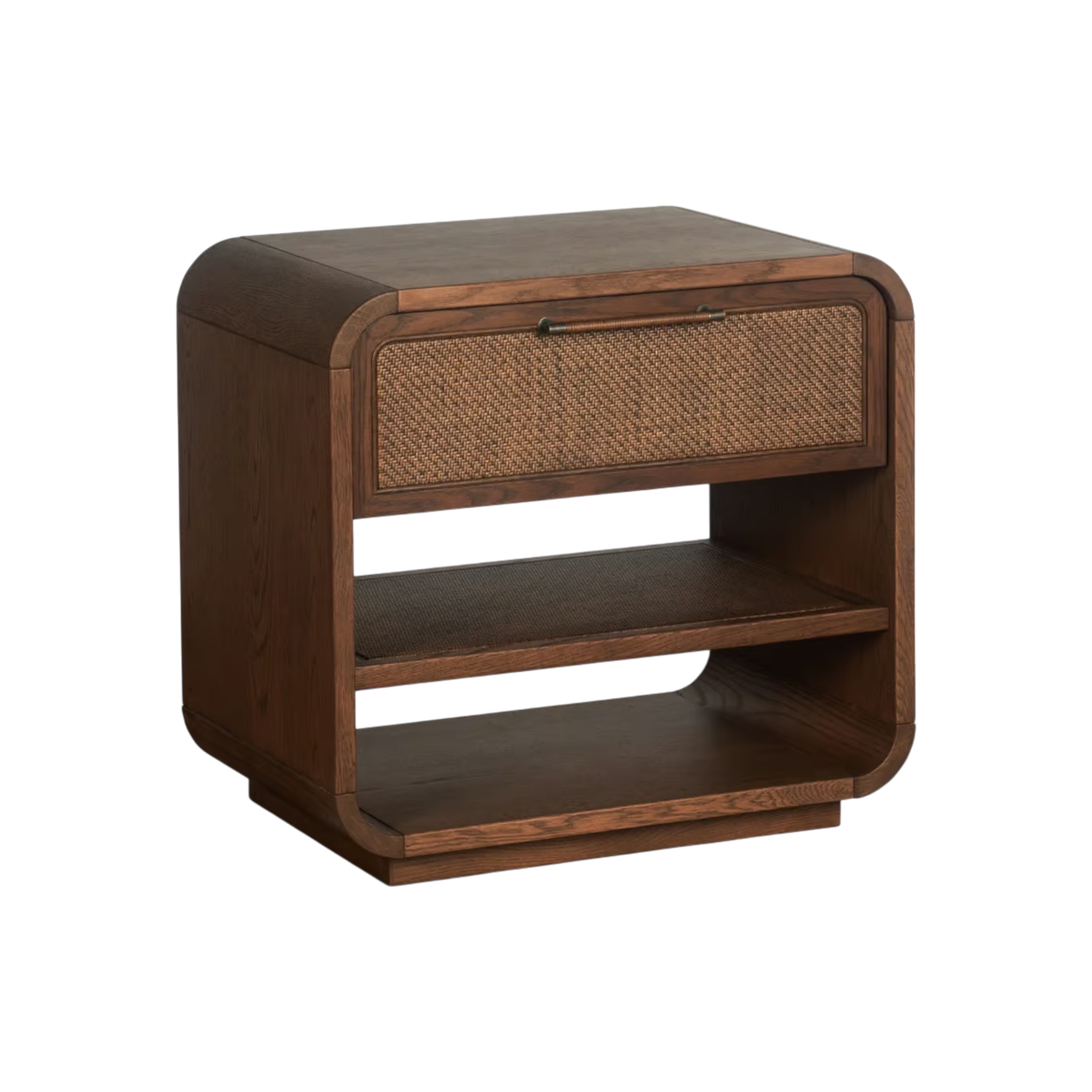 Cabo Nightstand in warm brown wood with woven drawer front and open shelving